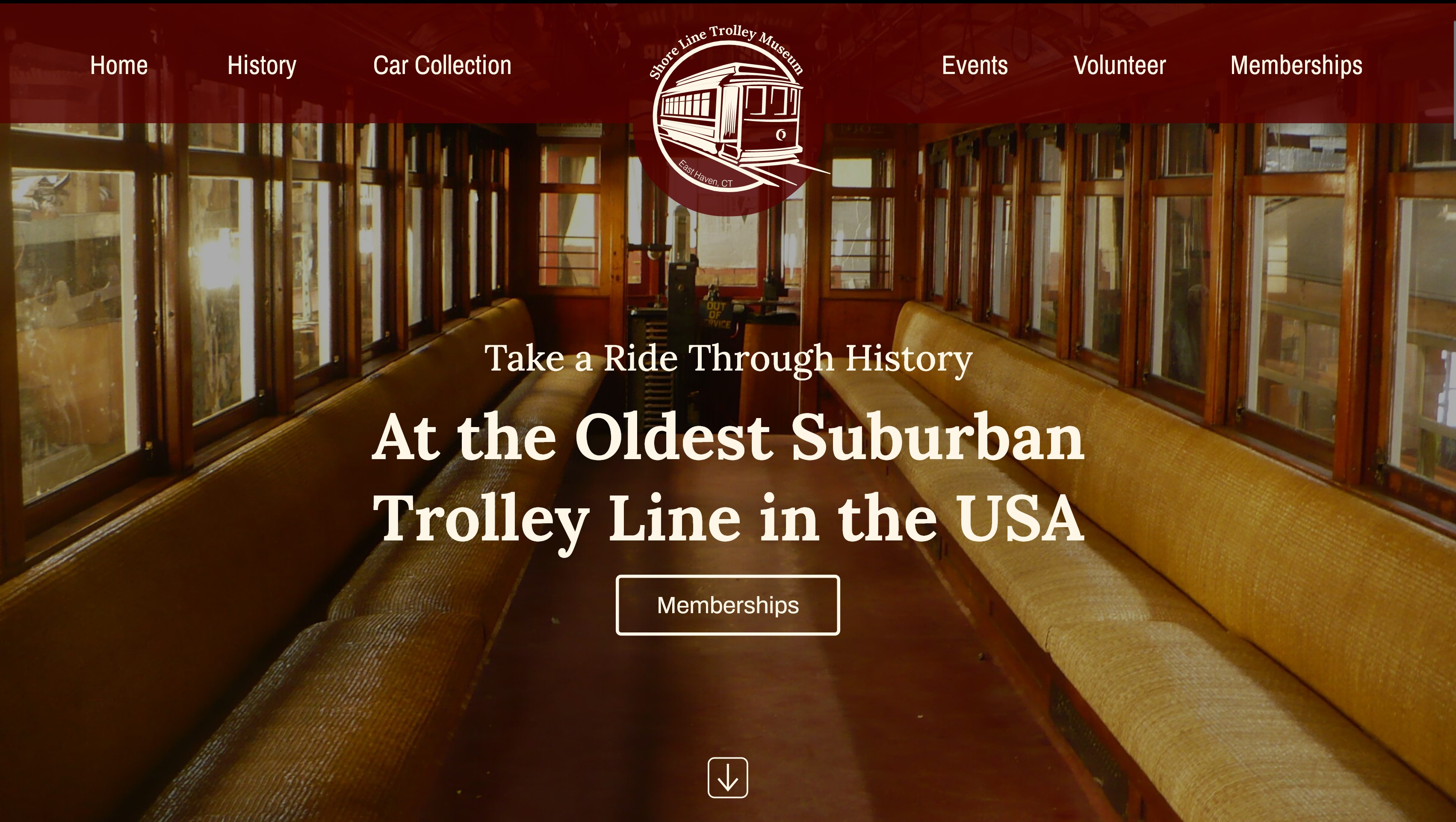 Redesigned website for the Shore Line Trolley Museum showing an image of the inside of a trolley and a red nav bar at the top