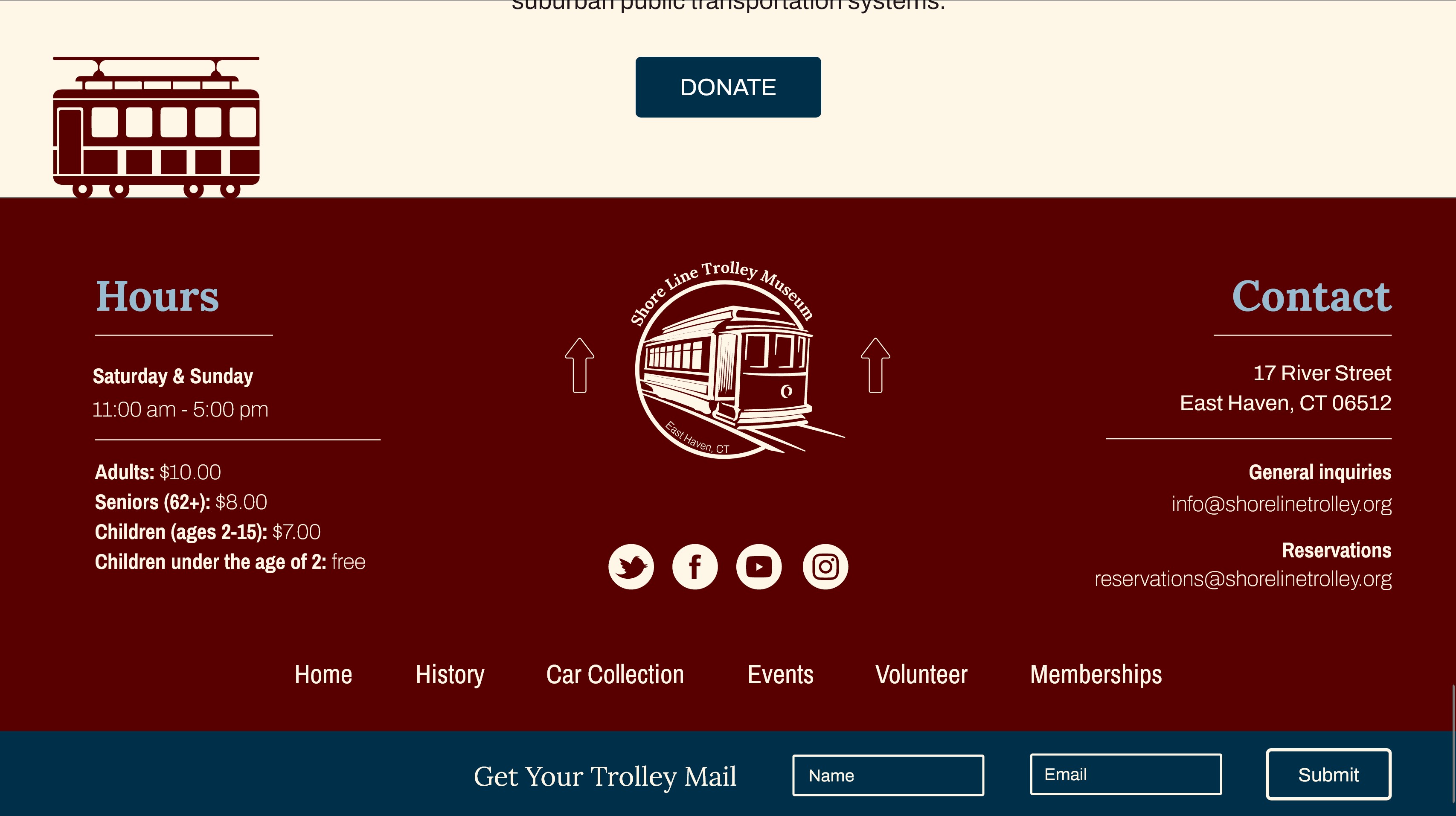 Footer section of the Shore Line Trolley Museum website showing the logo and contact information