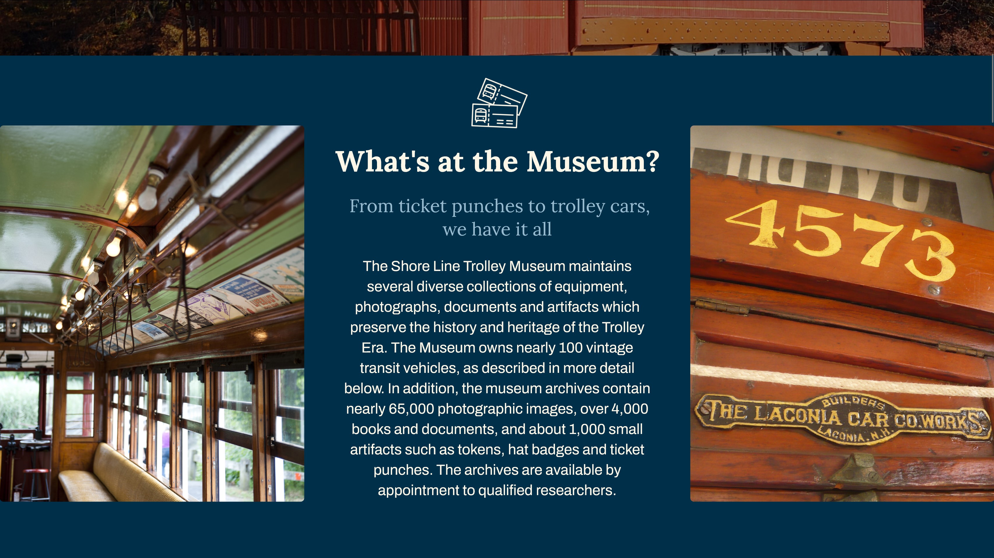 Section of the Shore Line Trolley Museum website detailing what there is to do at the museum with two detail photos of a trolley