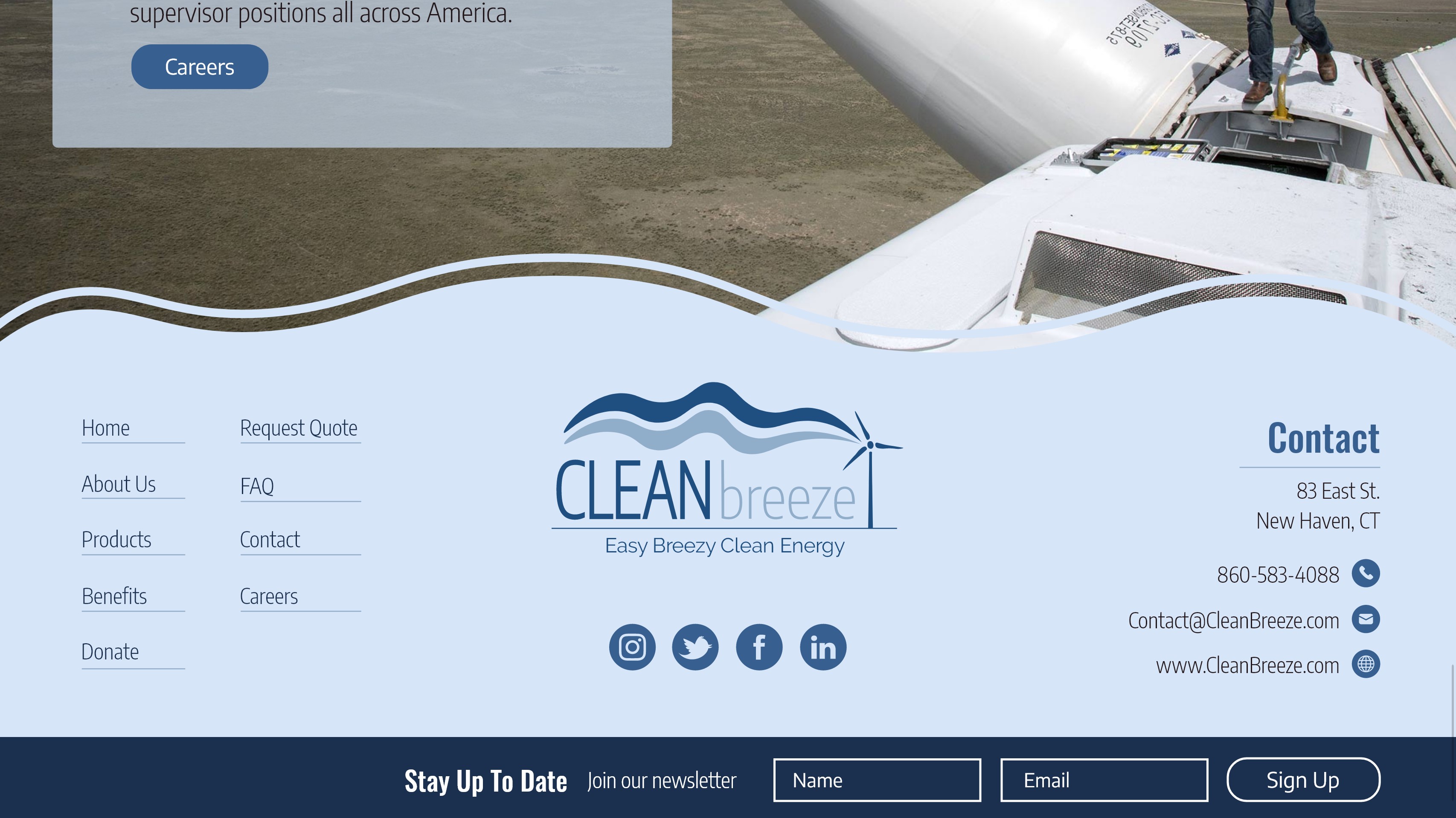 Footer section of the Clean Breeze website showing the logo and contact information