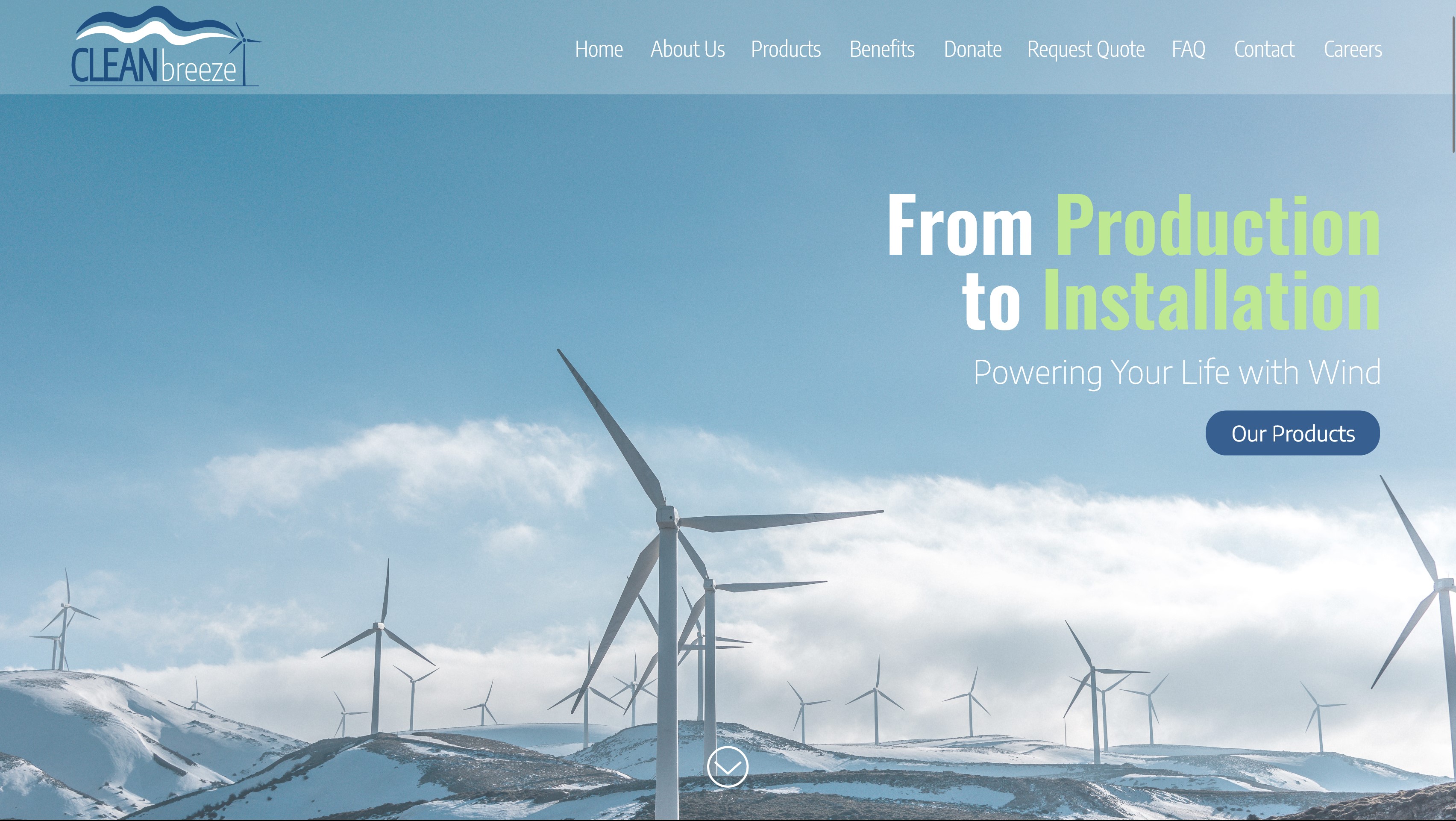 Hero section of the Clean Breeze website showing a field of turbines and a blue and green color scheme