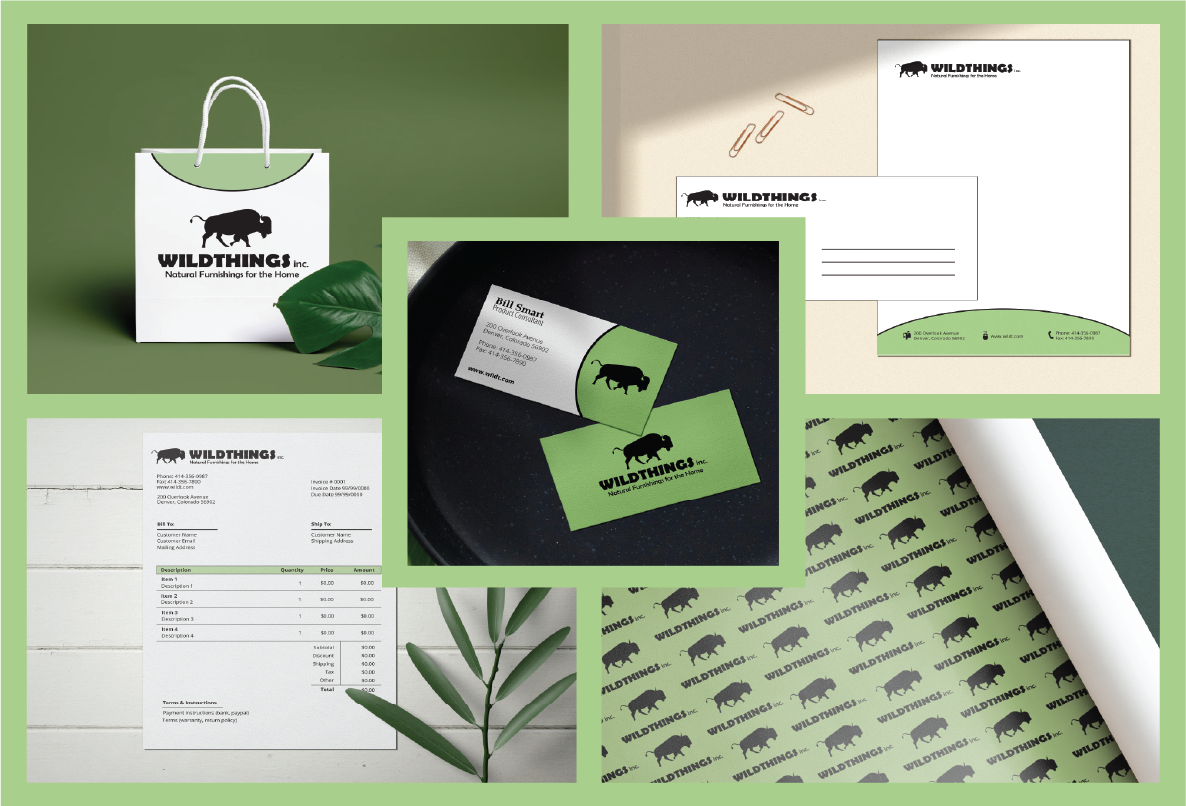 Mockups of brand collateral for Wild Things, including a shopping bag, letterhead, invoice, and wrapping paper.