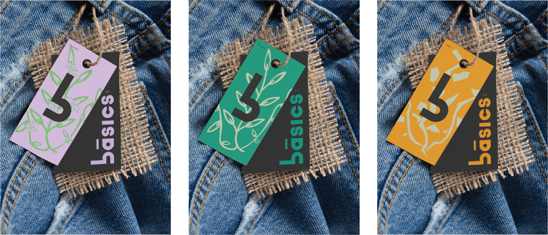 Mockups of clothing tags with the final Basics Inc. design on them