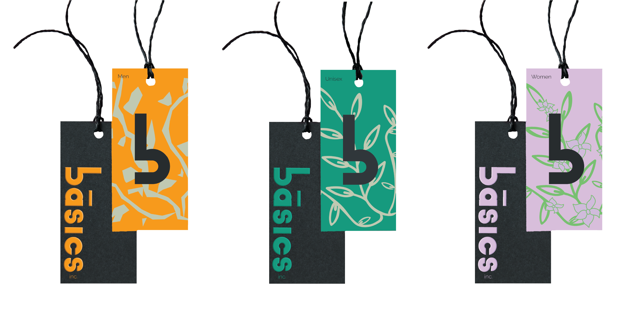 Mockups of clothing tags with the final Basics Inc. design on them
