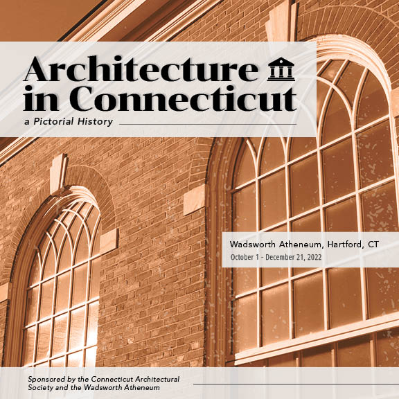 Redesigned cover of the Architecture in Connecticut book; a building with an orange overlay and texture applied