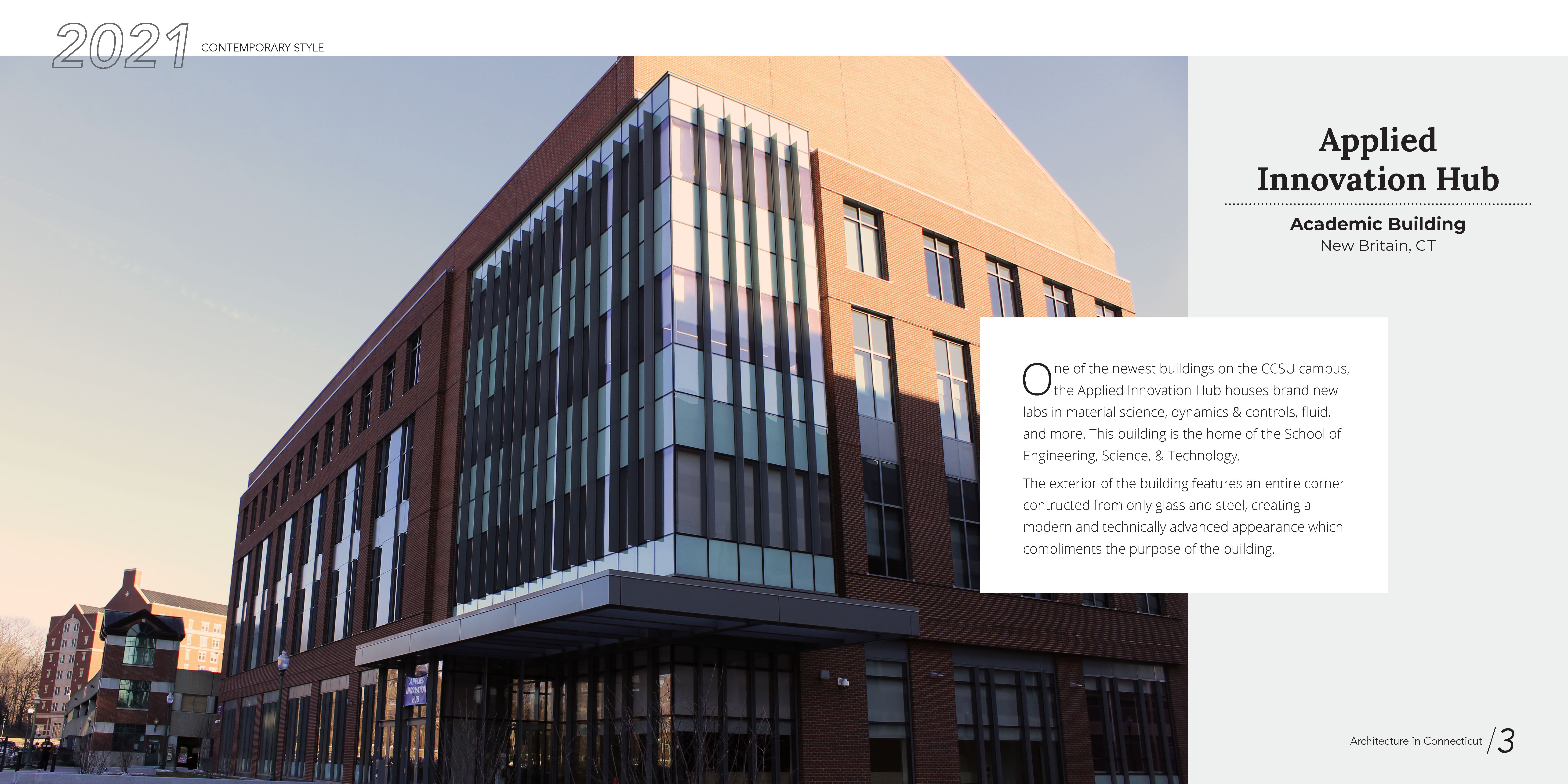 Redesigned spread of the CCSU science building with a grey sidebar