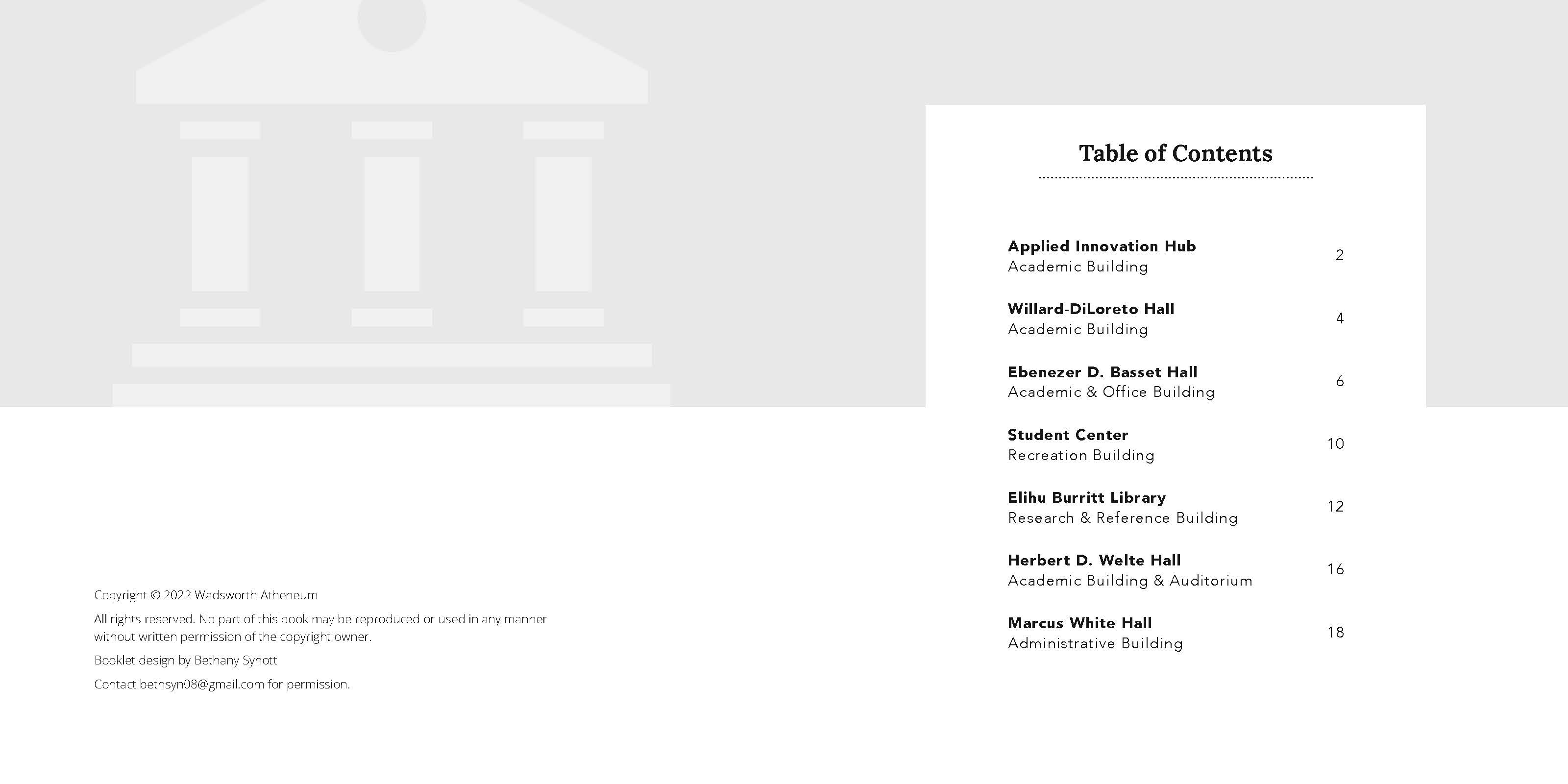 Table of Contents spread designed in grey and white with the greek building icon in the background