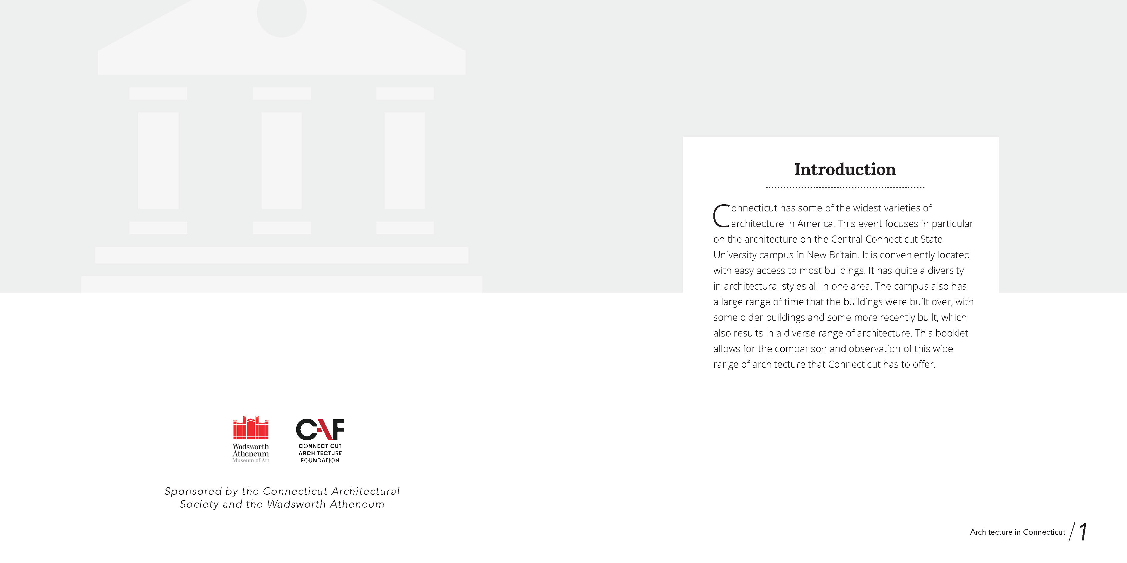 Introduction spread designed in grey and white with the greek building icon in the background