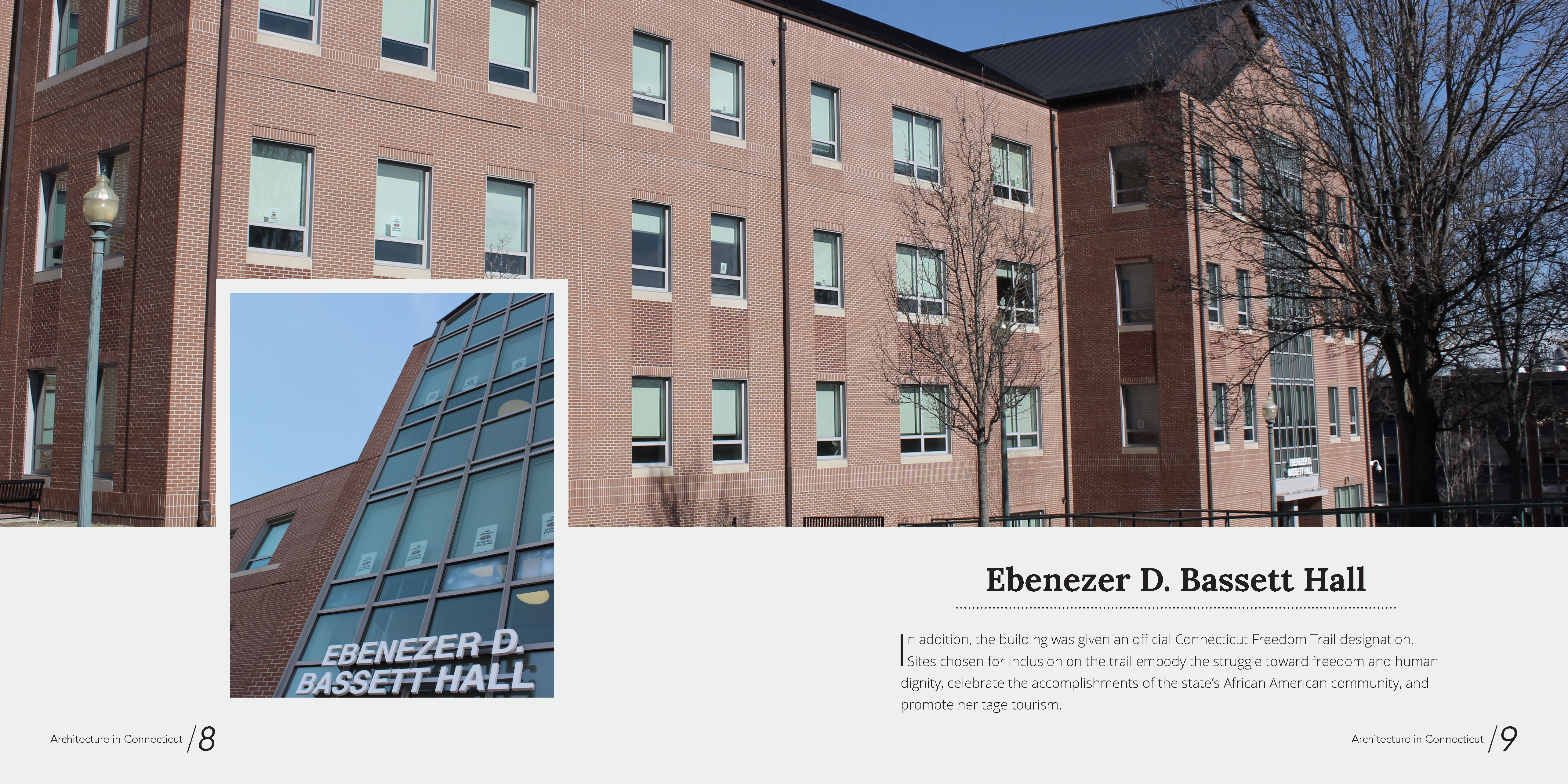 A spread showing two photos of CCSU's Ebenezer Hall