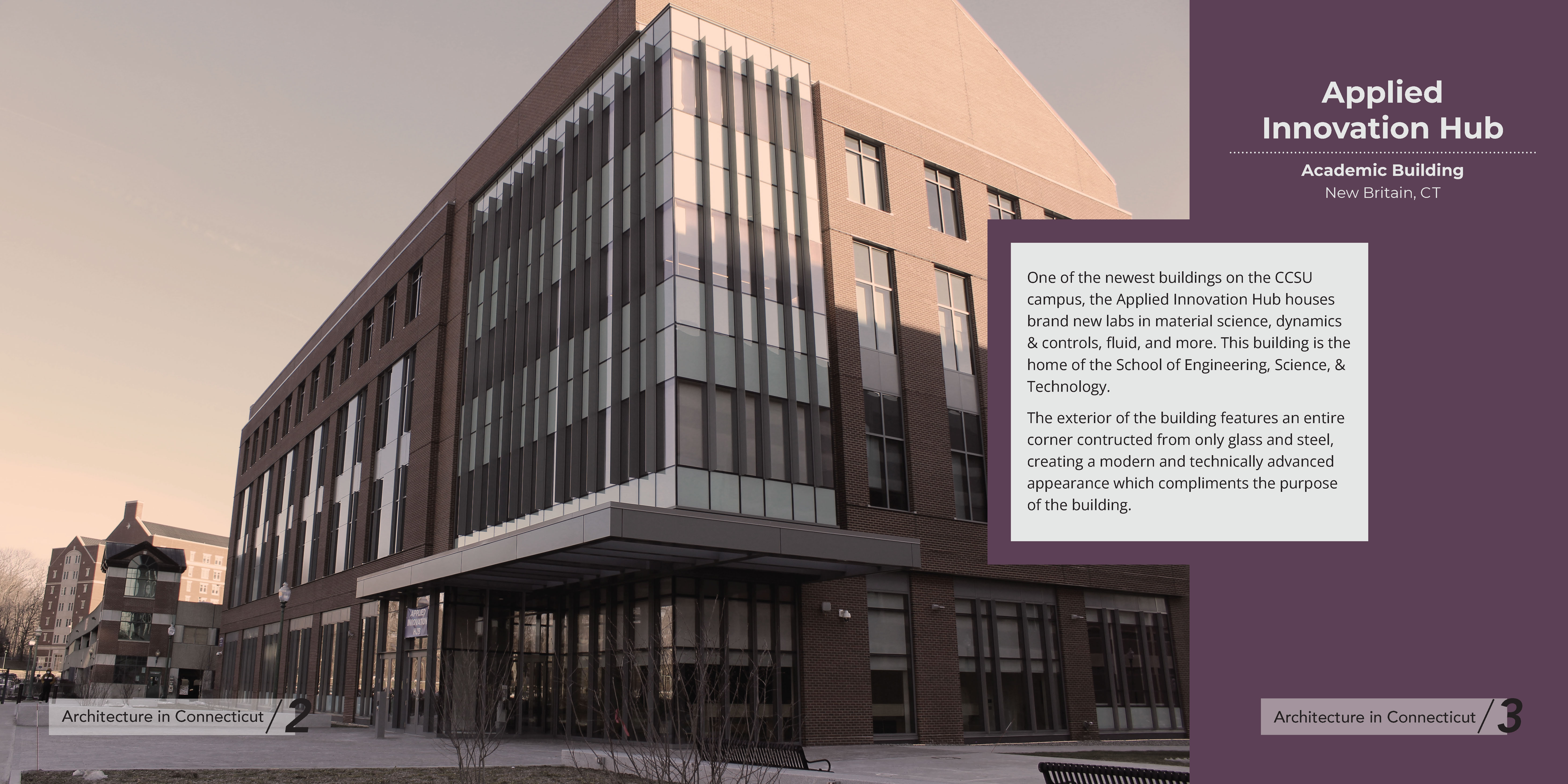 Initial spread design with a photo of the CCSU science building and a purple sidebar