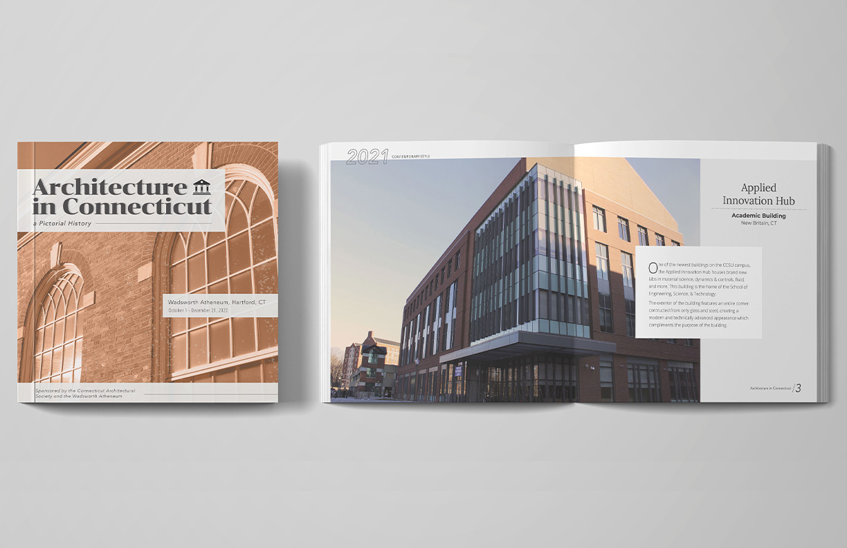 Mockup showing the cover and a spread of the Architecture in Connecticut book.