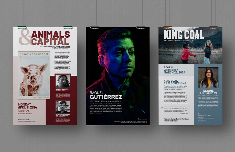 A mockup of three hanging posters promoting different events