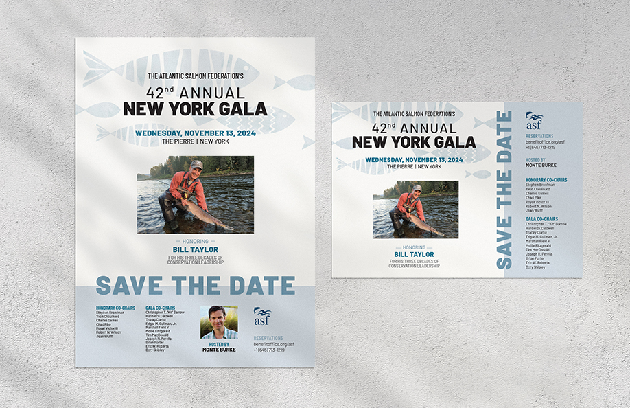 A postcard and journal ad Save the Date for the Atlantic Salmon Federation 2024 New York Gala