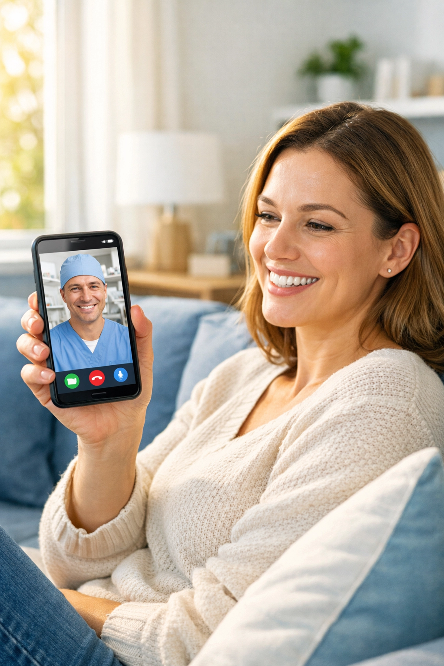 Woman using smartphone for virtual dental consultation with Aetna teledentistry from home
