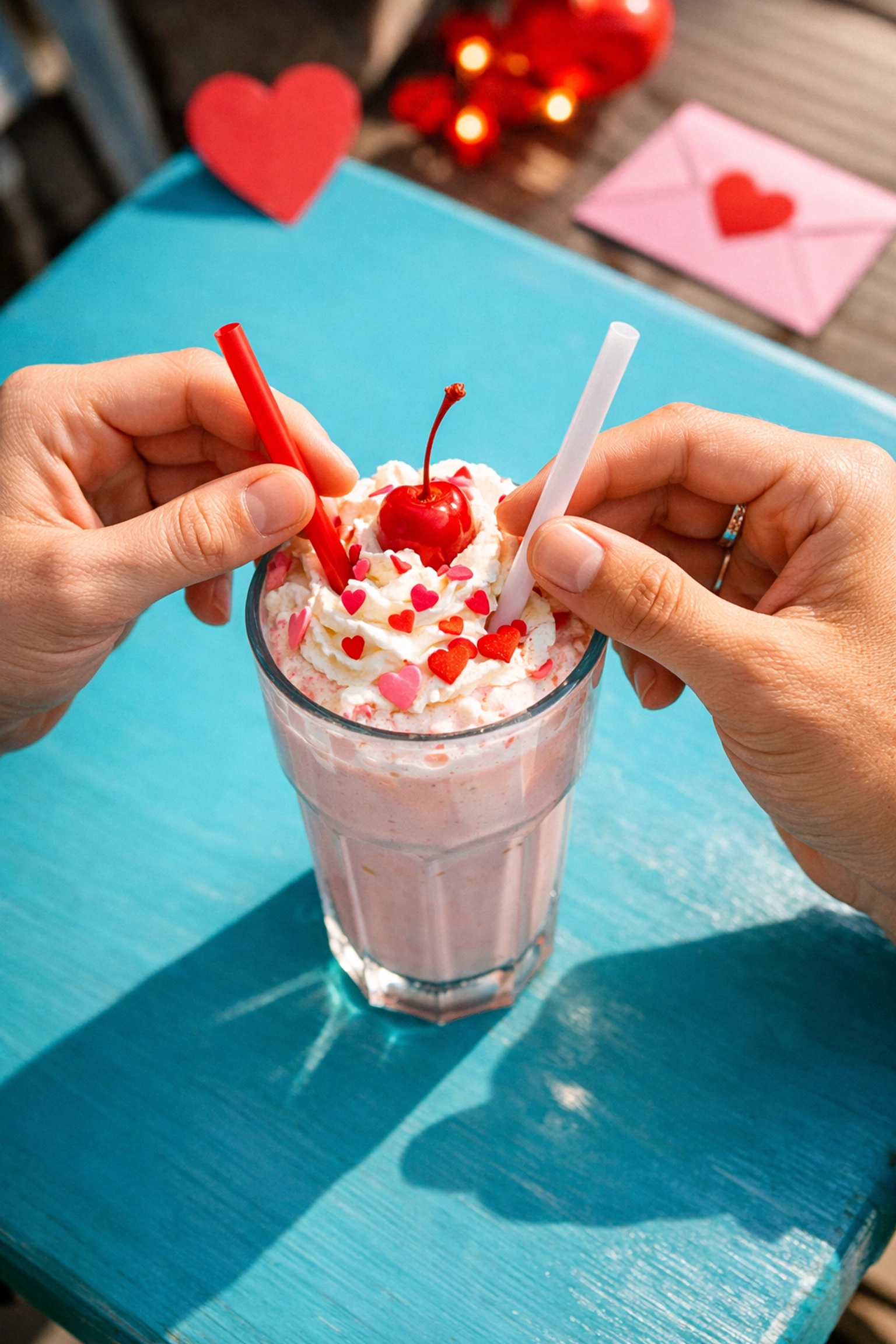 Two people sharing a milkshake with straws, showing how bacteria spreads through shared drinks