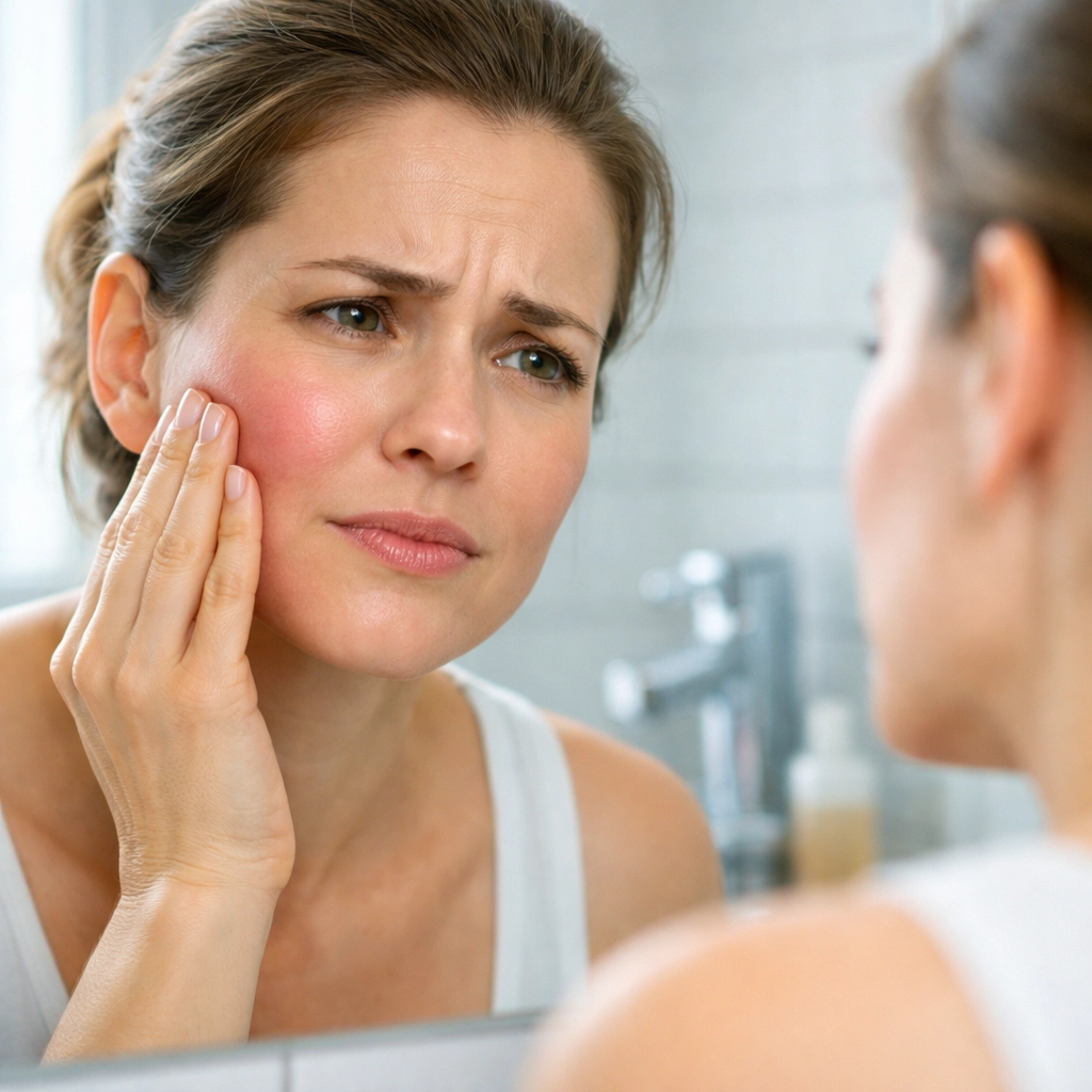 Person checking swollen cheek in mirror showing tooth infection symptoms