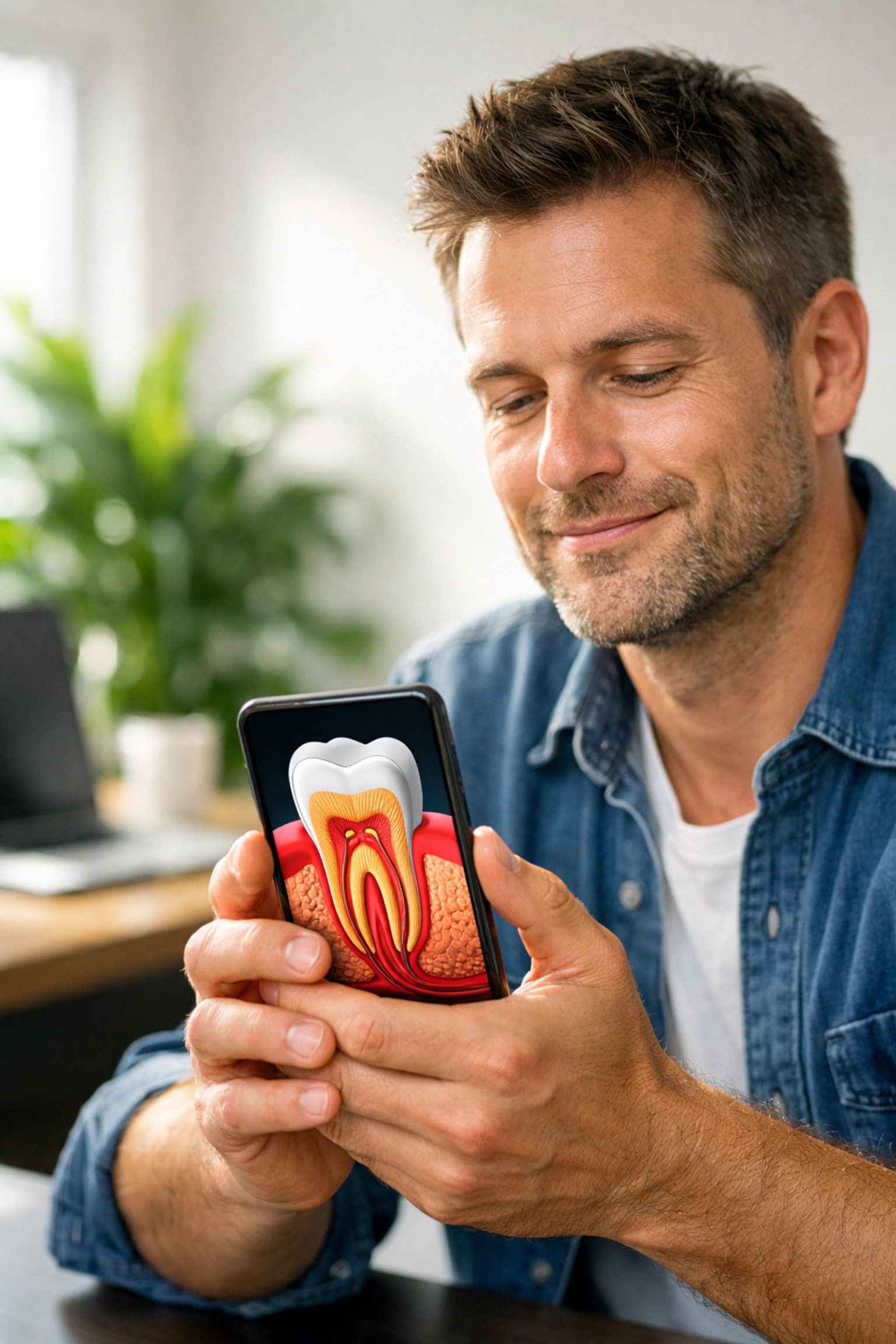 Paciente aliviado realizando una consulta dental en línea con un dentista en línea desde su hogar.