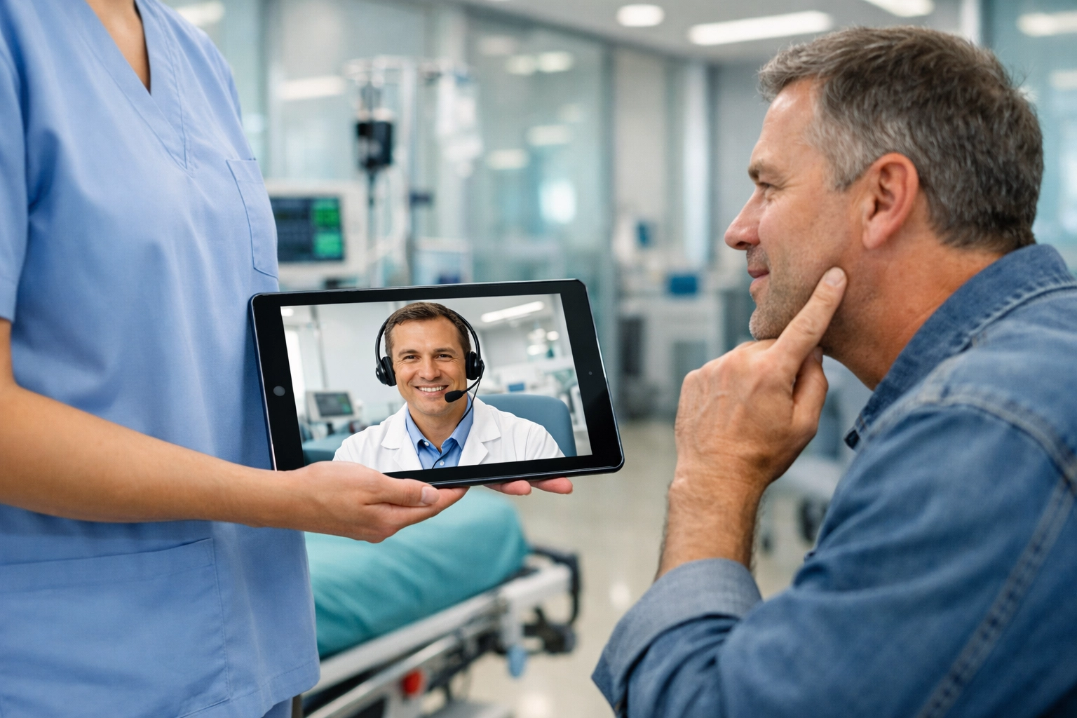 Hospital ER staff using a tablet to provide an on-demand virtual dentist consultation for a patient with dental pain.