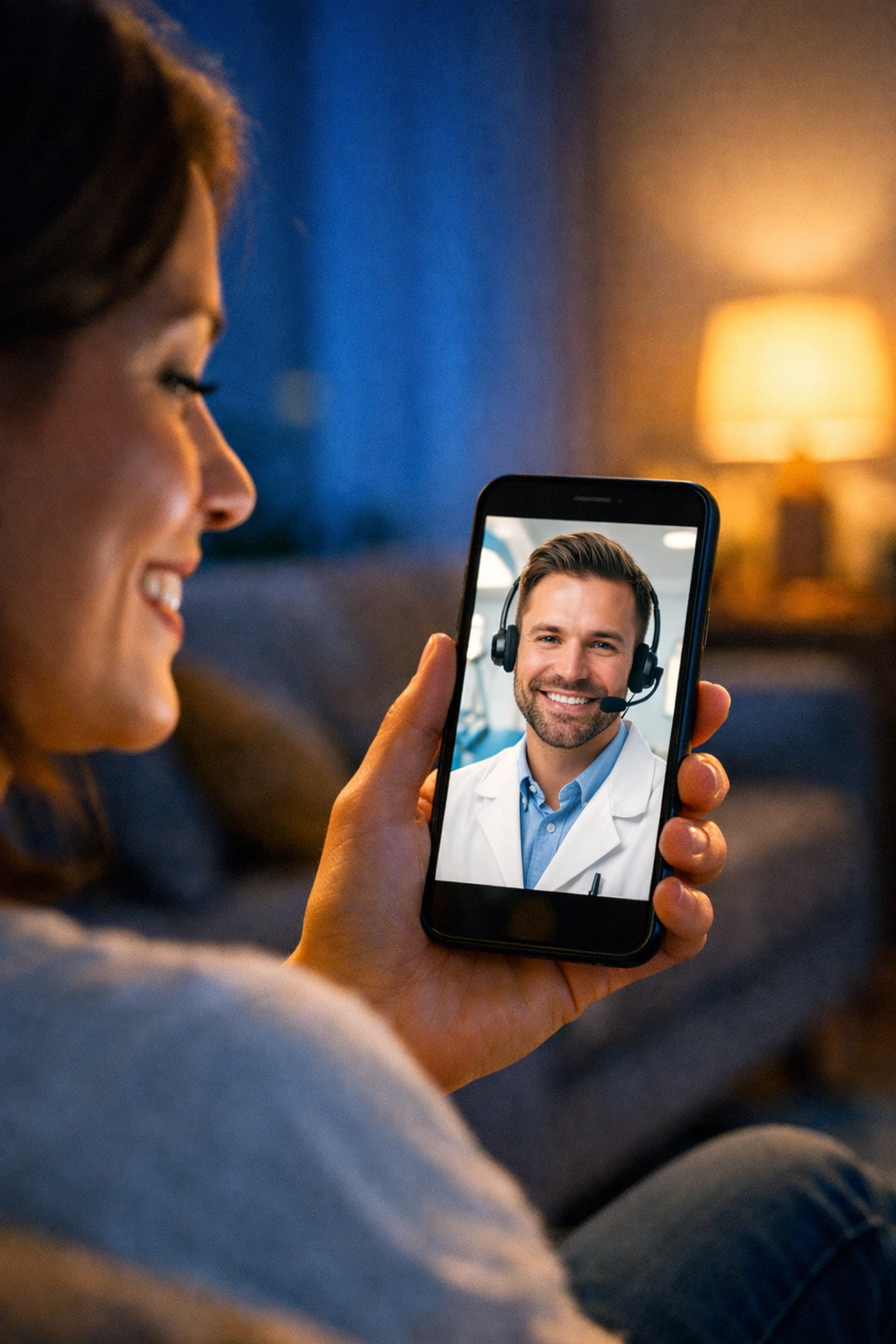 Paciente conectando con un dentista en línea mediante una videollamada segura para aliviar un dolor de muelas.