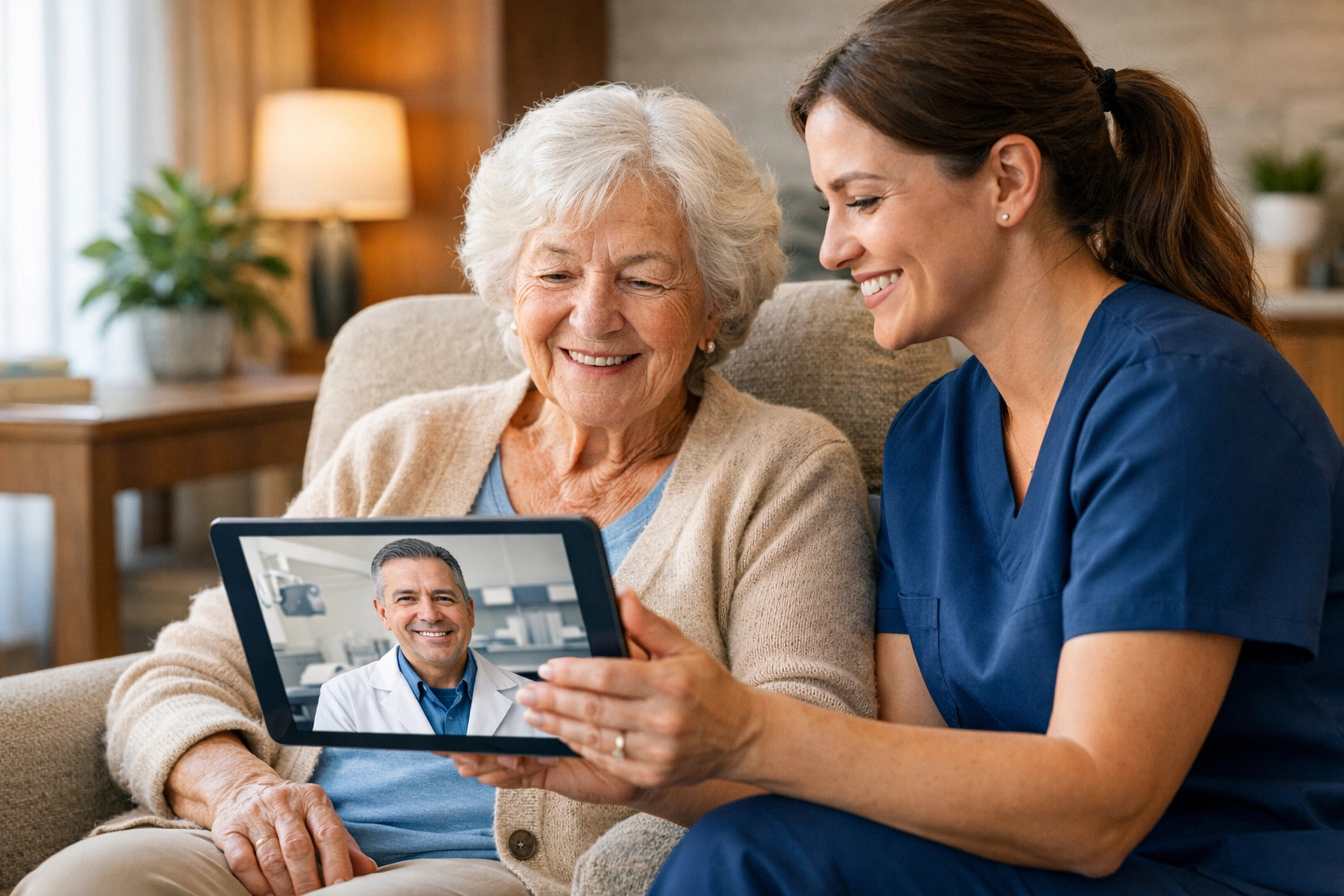 Senior resident and nurse using a tablet to consult a dentist online in a comfortable senior living facility.