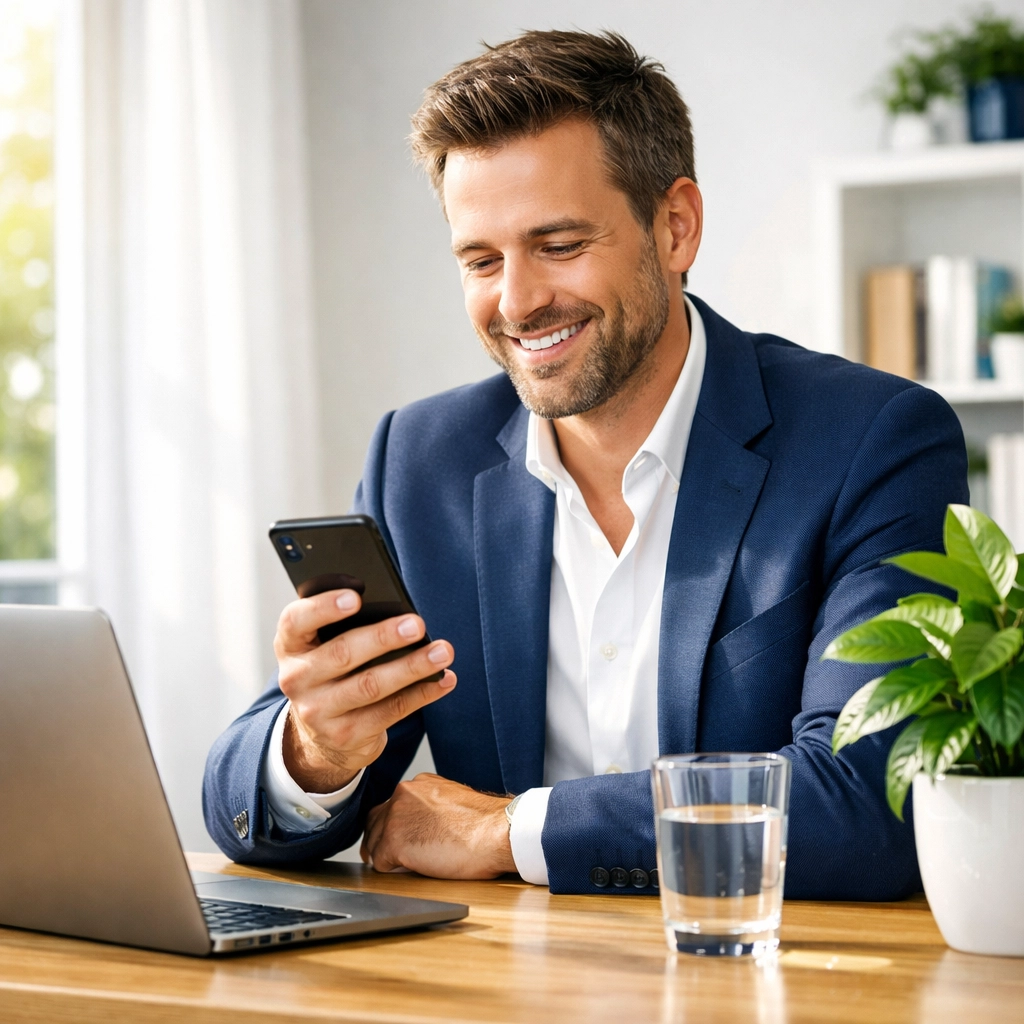 A professional using a smartphone for a virtual dental consultation to reduce healthcare costs and avoid ER visits.