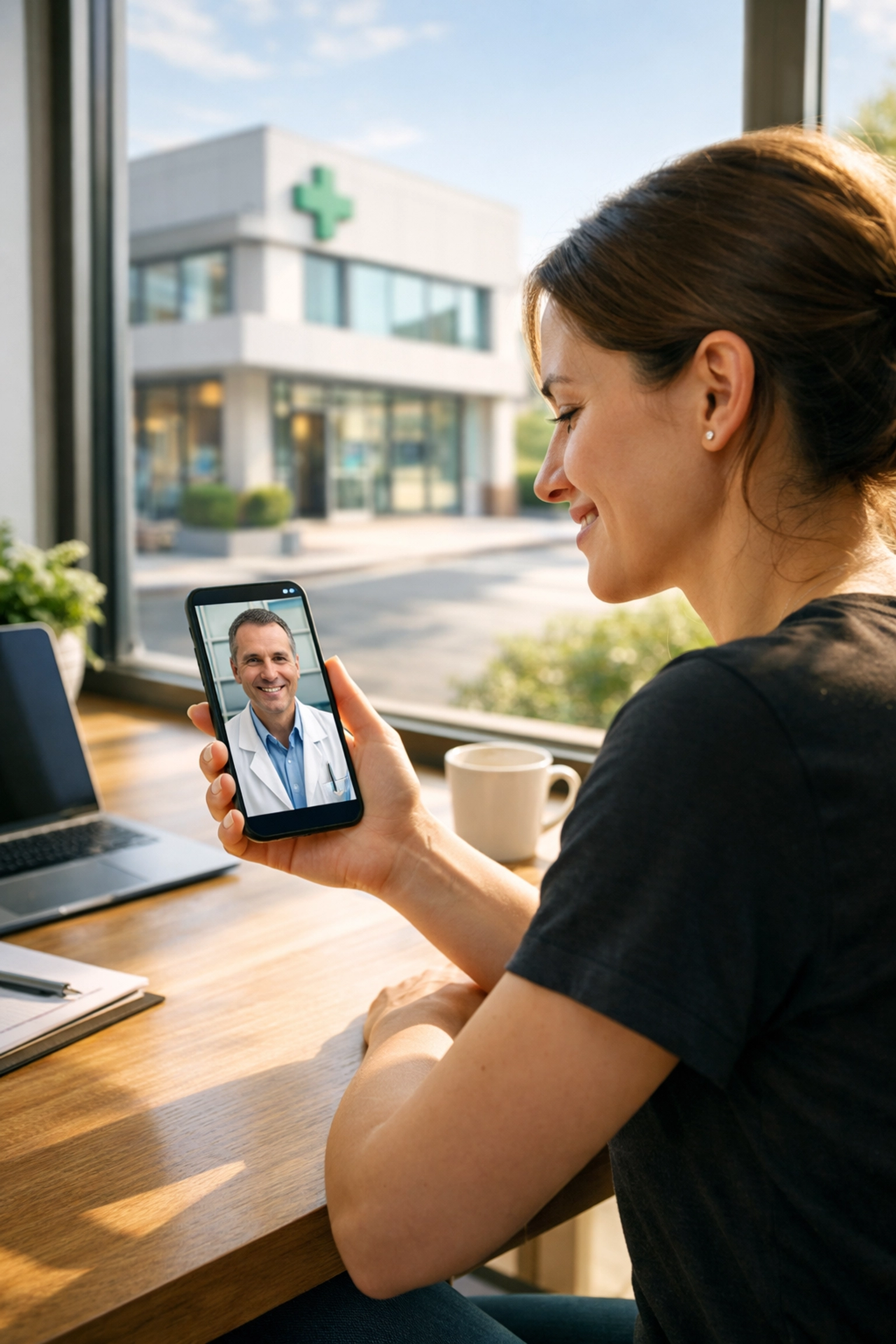 A woman receiving an emergency dental prescription during a virtual consultation with an online dentist.