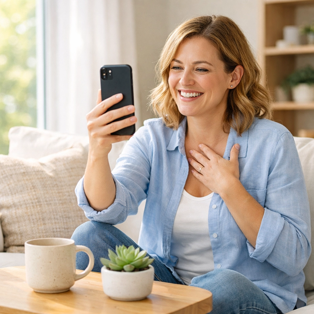 A woman at home using her phone for an affordable online dental consultation.