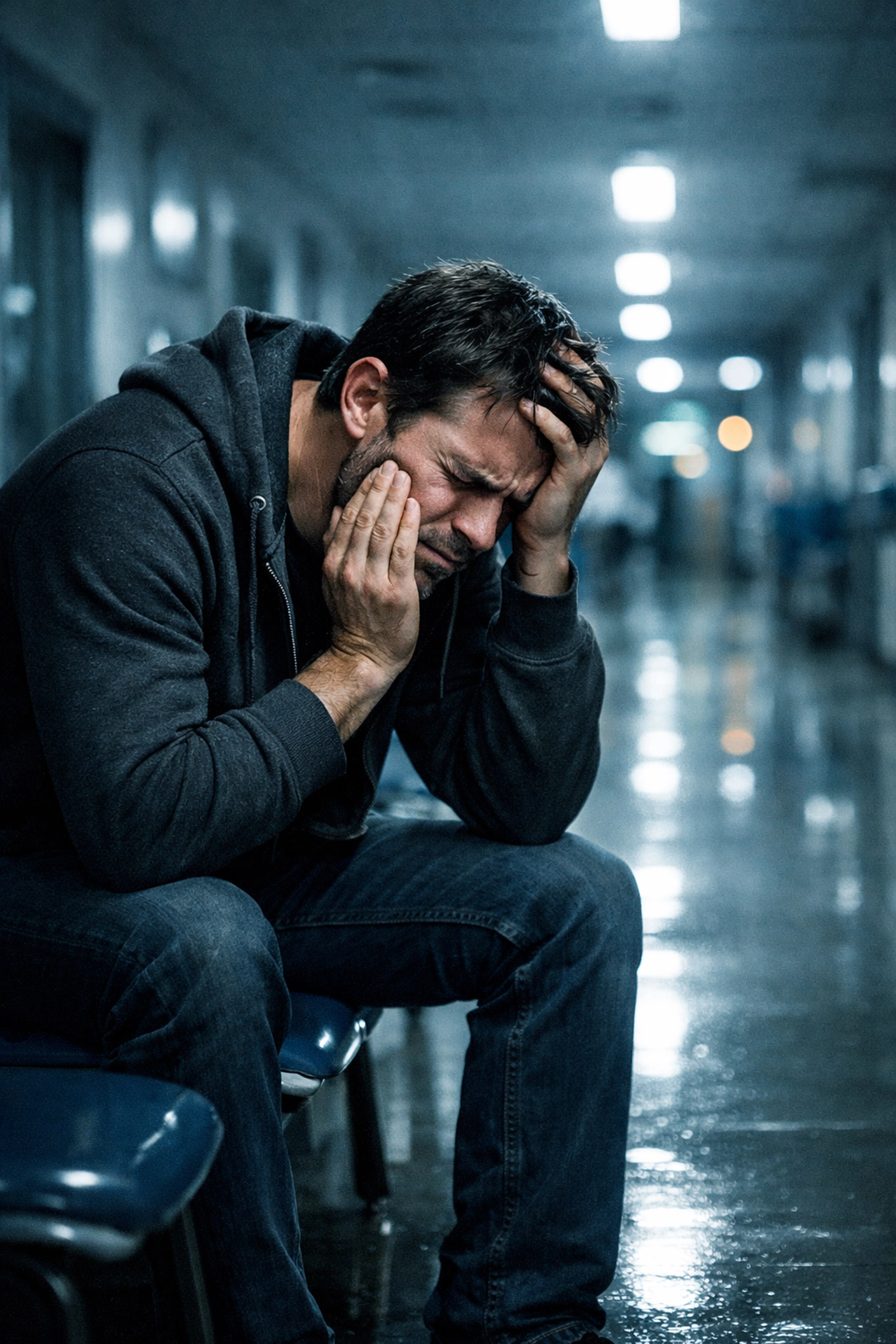 Man holding his jaw in pain while waiting in an emergency room for a dental issue.