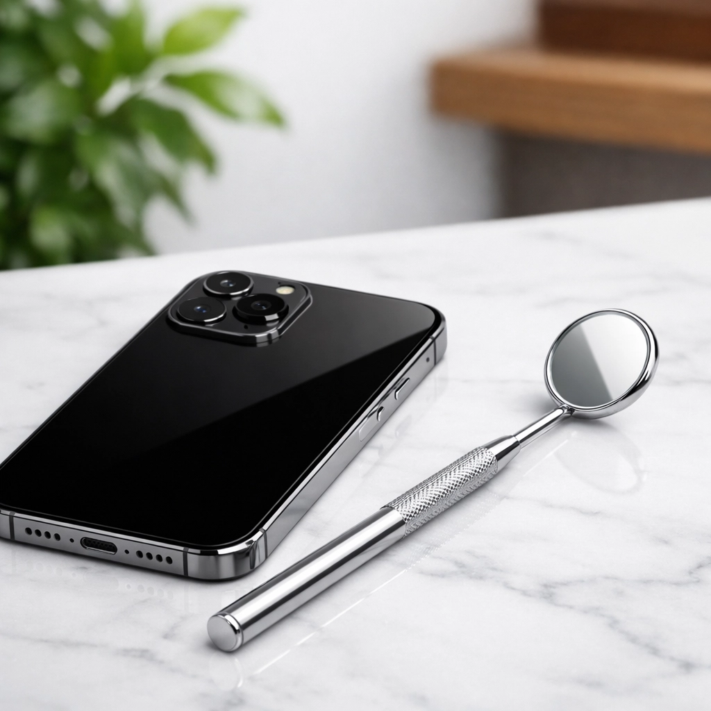A dental mirror and smartphone symbolizing modern 24/7 teledentistry care.