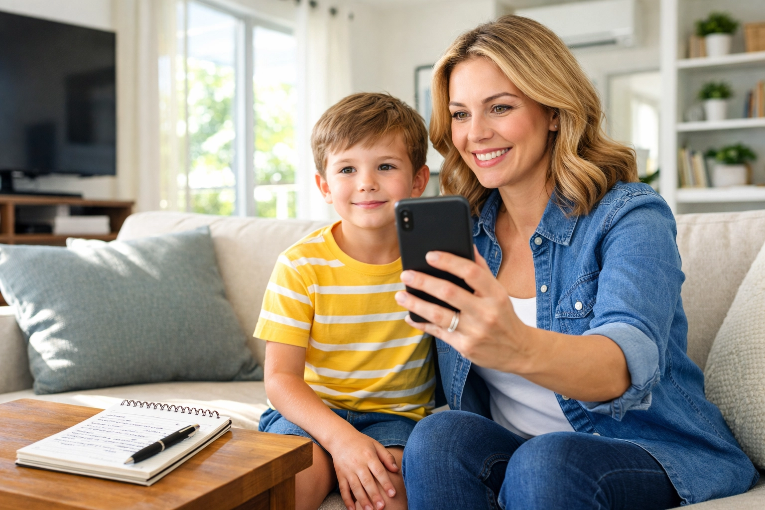 Mother and son preparing for an online dental appointment with a virtual dentist at home.