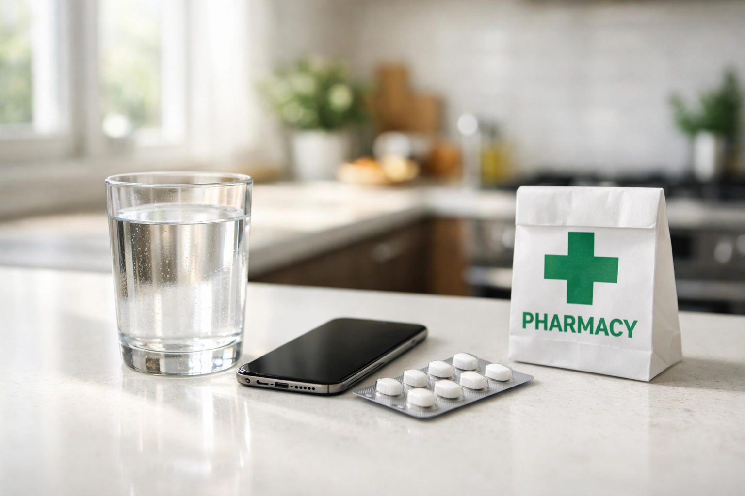 Antibióticos para infección dental junto a un smartphone tras una consulta virtual con un dentista en línea.