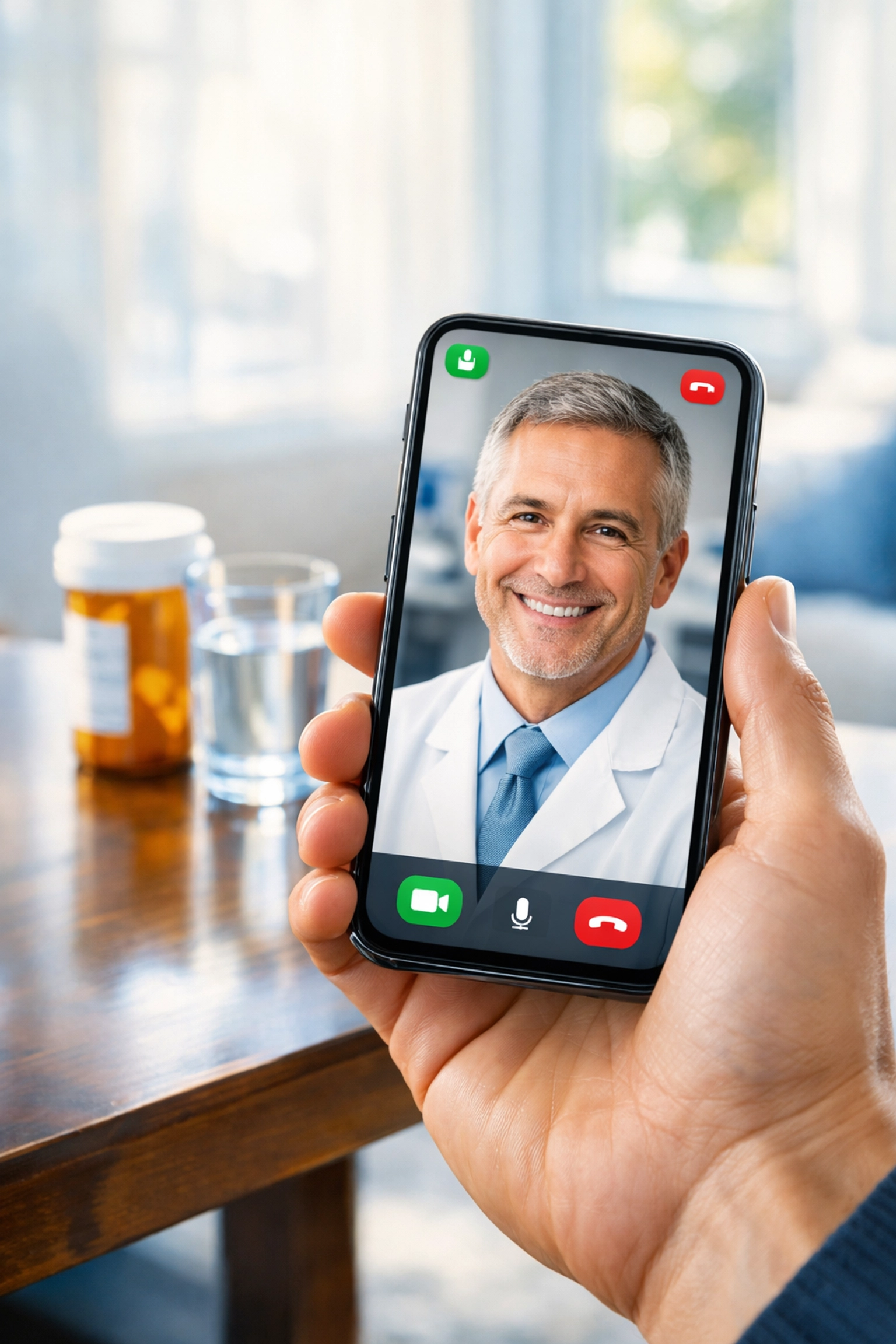 Patient using a smartphone for a virtual dental consultation to discuss emergency prescriptions with an online dentist.