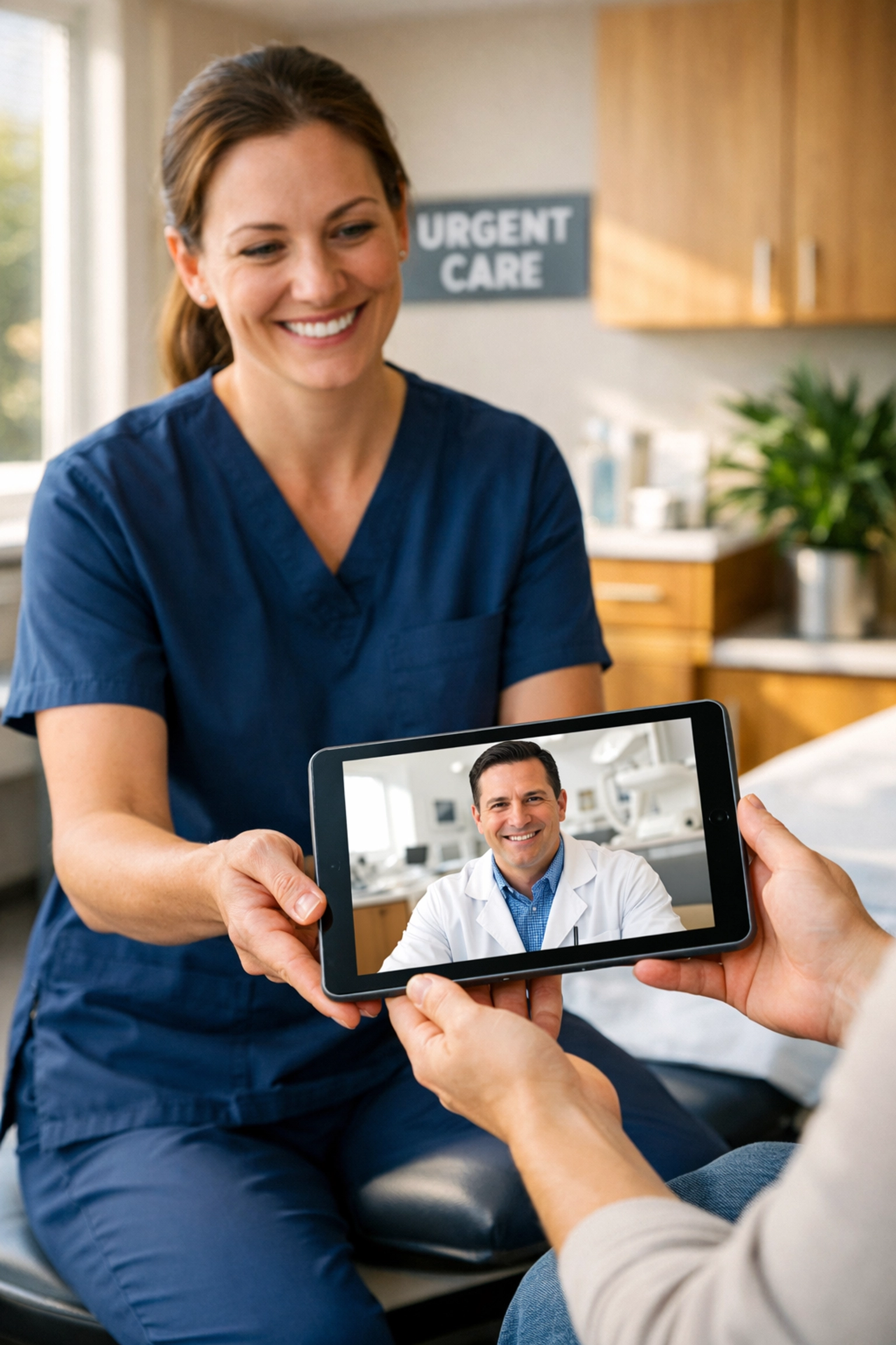 Urgent Care clinician providing a patient with a virtual dental consultation via tablet in a modern exam room.