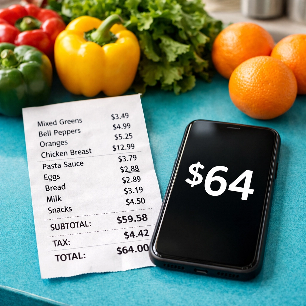 Cost comparison showing $64 online dental appointment versus grocery store receipt