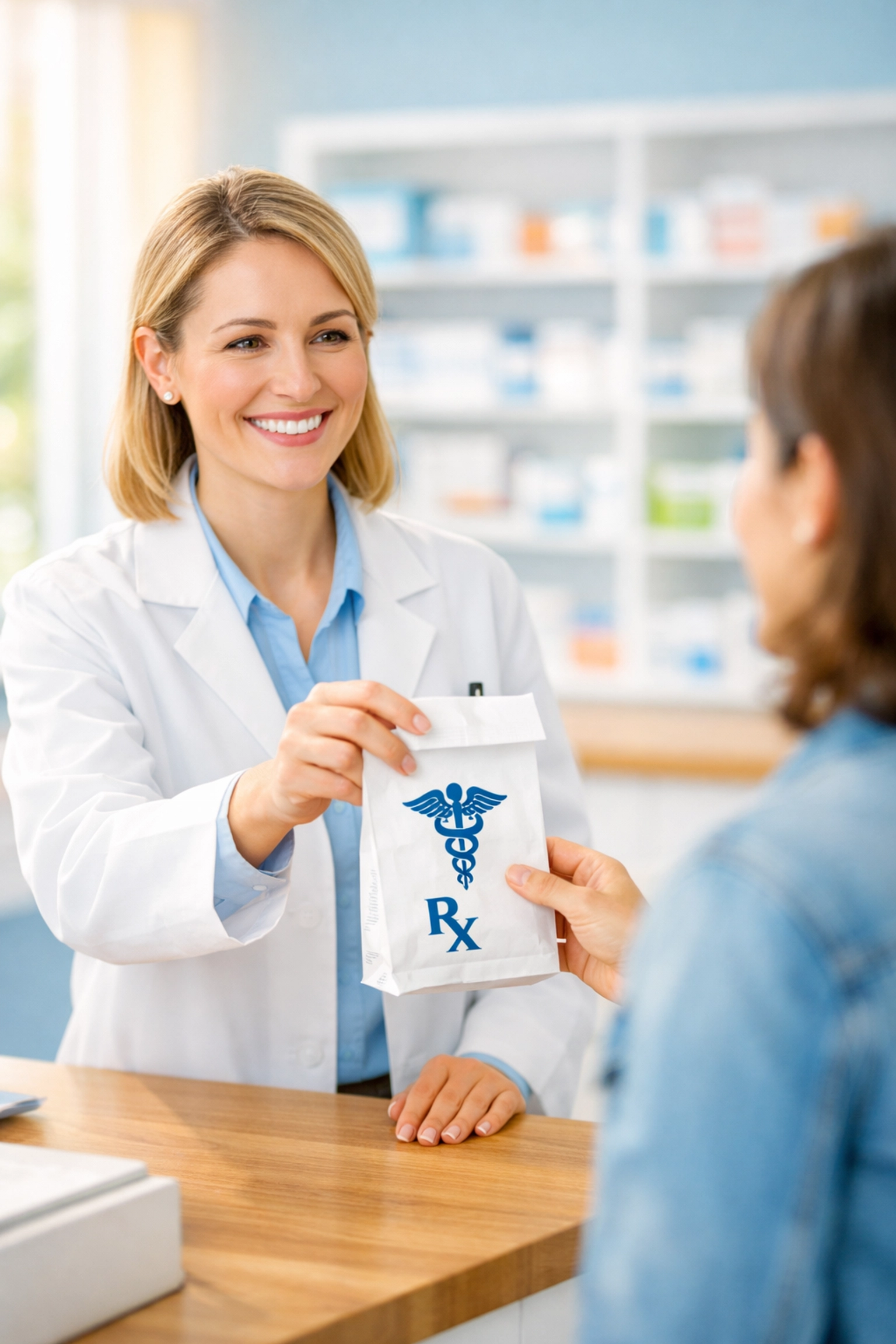 Pharmacist handing dental prescription to a customer at a modern pharmacy after a virtual dentist visit.