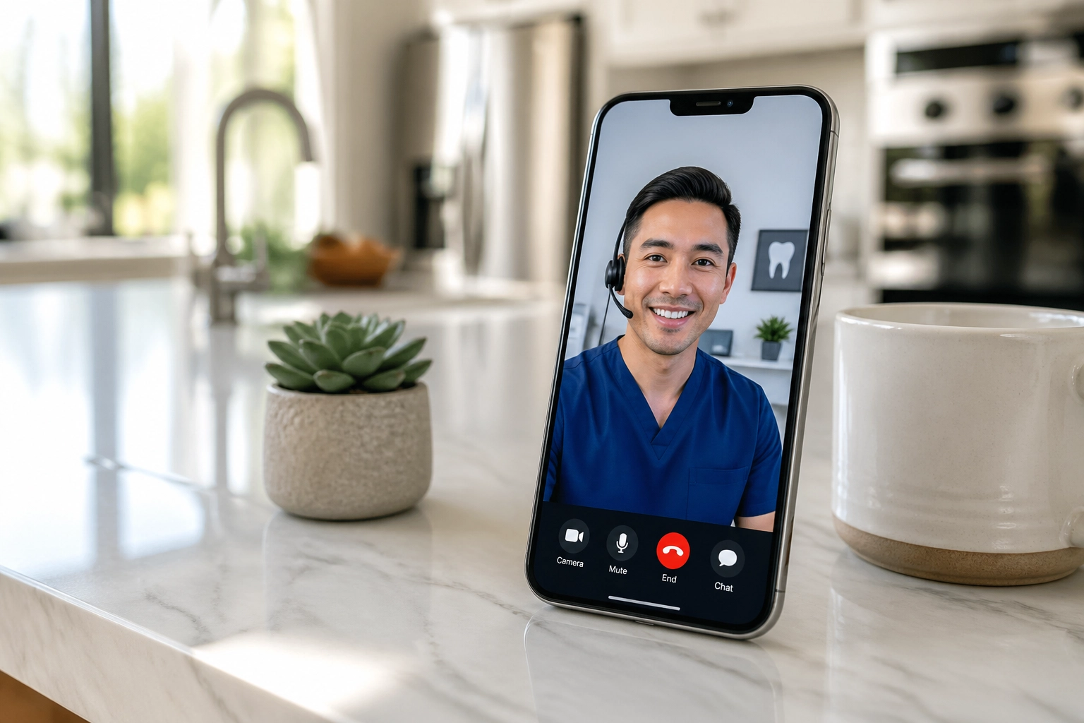 Virtual dental consultation on a smartphone screen showing a friendly dentist for a fast 10-minute visit.
