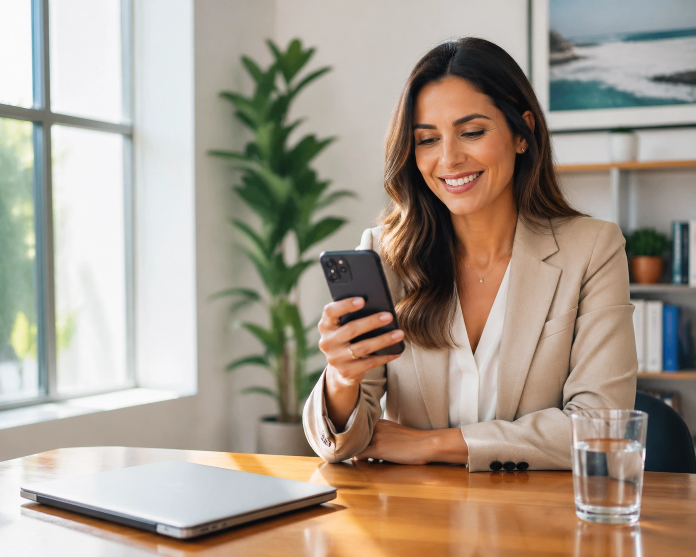 A smiling woman in a home office having an affordable online dentist consultation on her mobile phone.