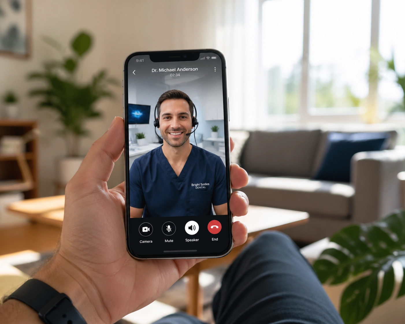 First-person view of a smartphone video call with an online dentist for an affordable virtual dental visit.