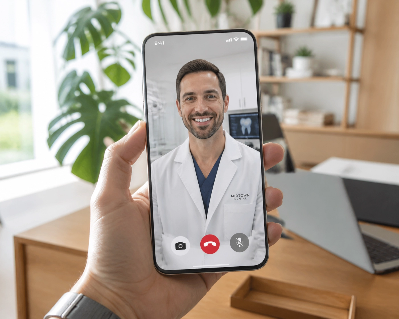 Patient holding a smartphone during a high-definition video call with an online dentist for triage.