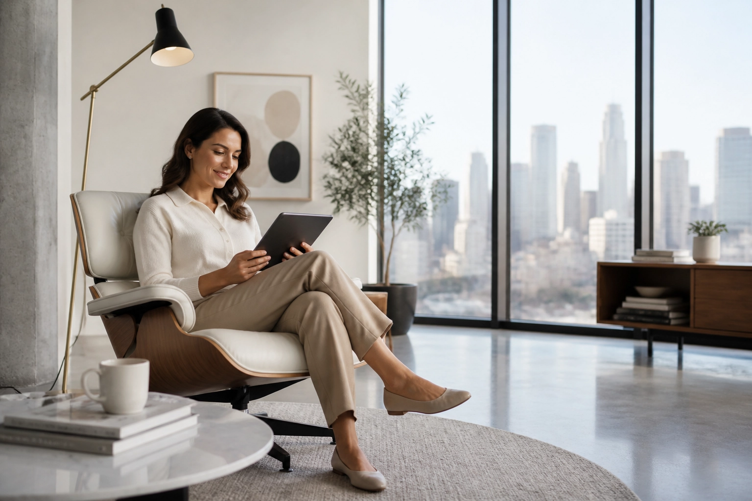 A relaxed patient receiving emergency dental advice via tablet in a modern, professional home setting.