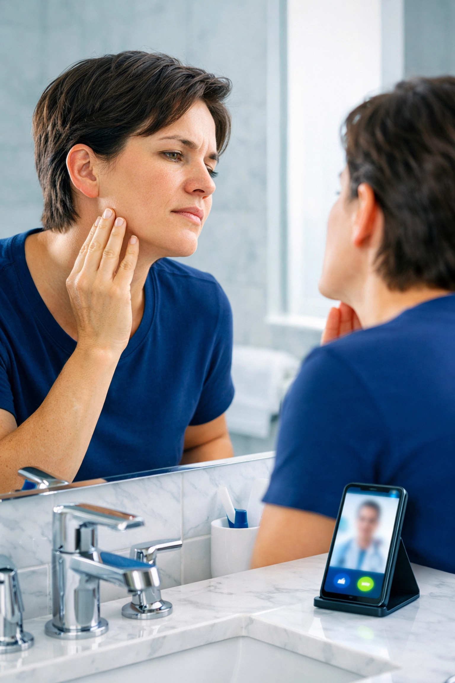 Person checking for toothache symptoms in a mirror before a virtual dental emergency consultation.