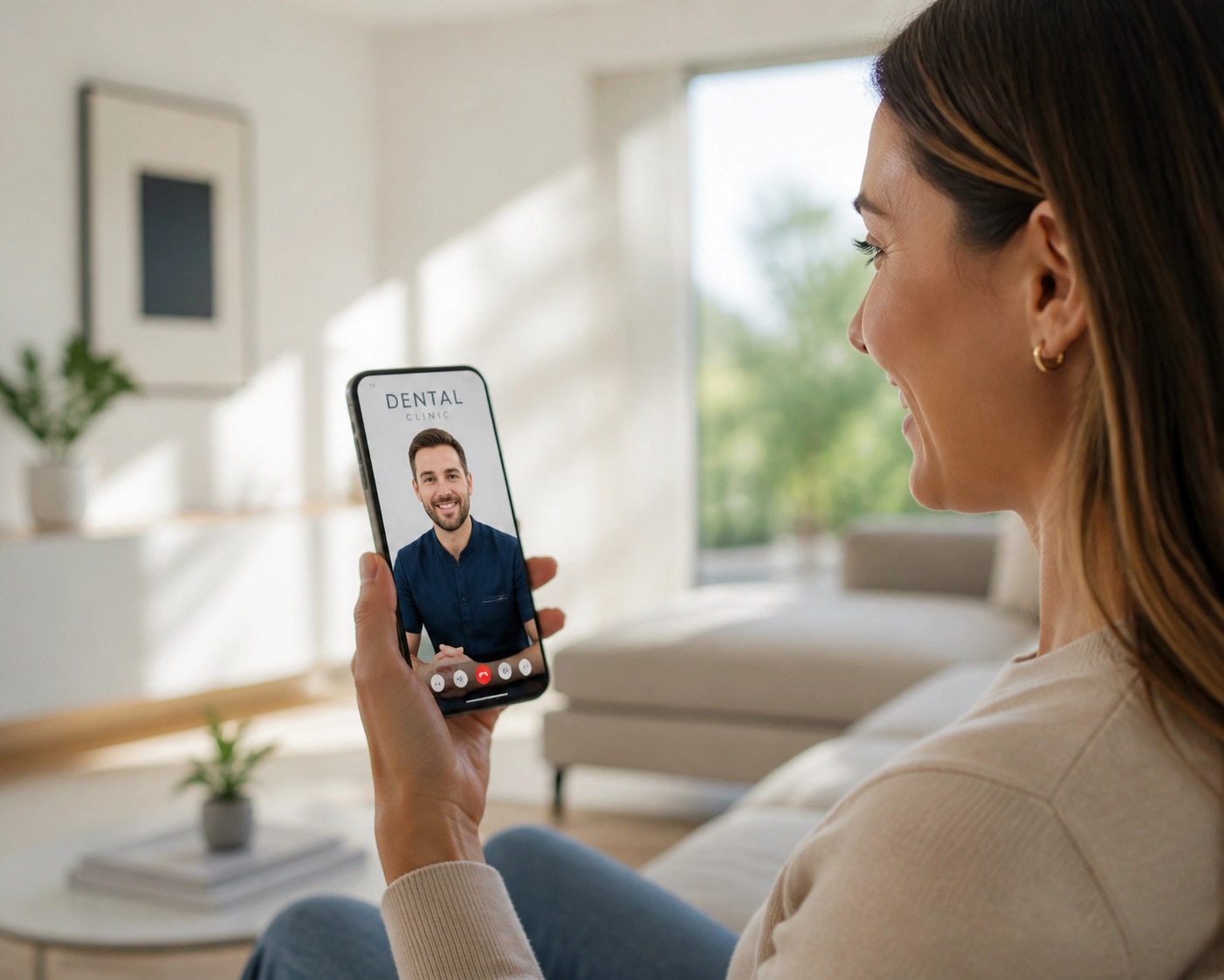 Patient receiving an emergency dental consultation via video call with an online dentist on a smartphone.