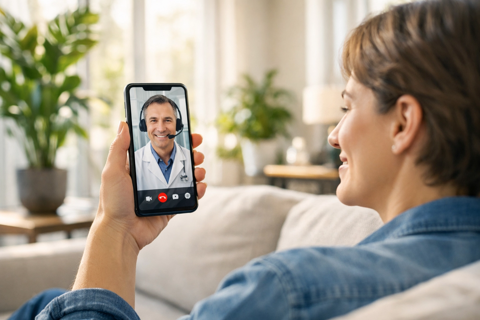 Patient having a remote dental consultation via smartphone with an online dentist to avoid expensive emergency room visits.