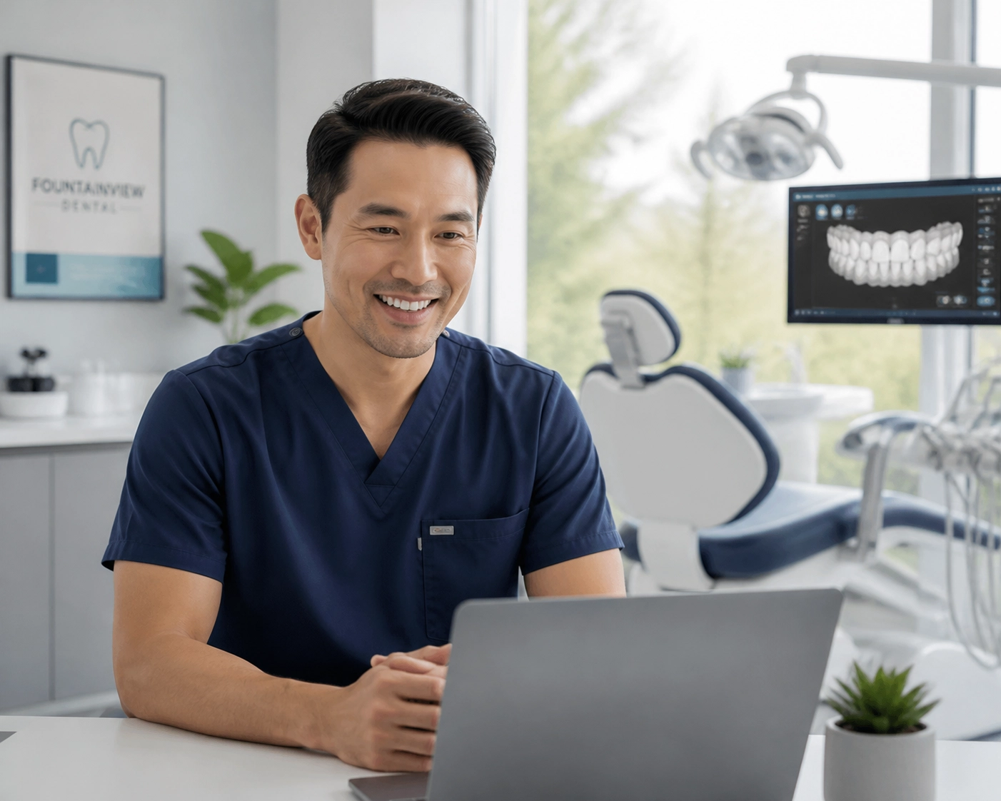 Board-certified dentist providing a virtual dental consultation through a laptop in a modern dental office.