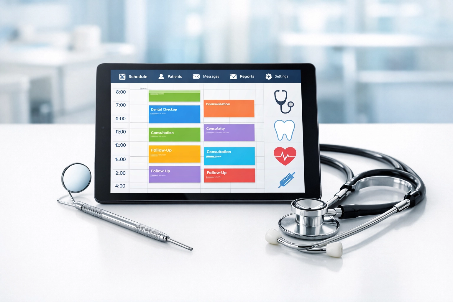 Modern tablet showing a dental scheduling app next to a stethoscope for integrated online dental care.