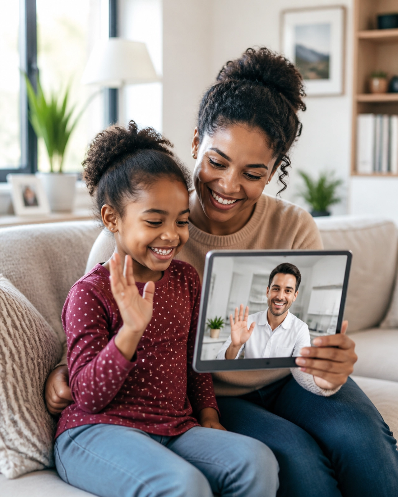 A child and parent smiling while having a virtual dental visit on a tablet