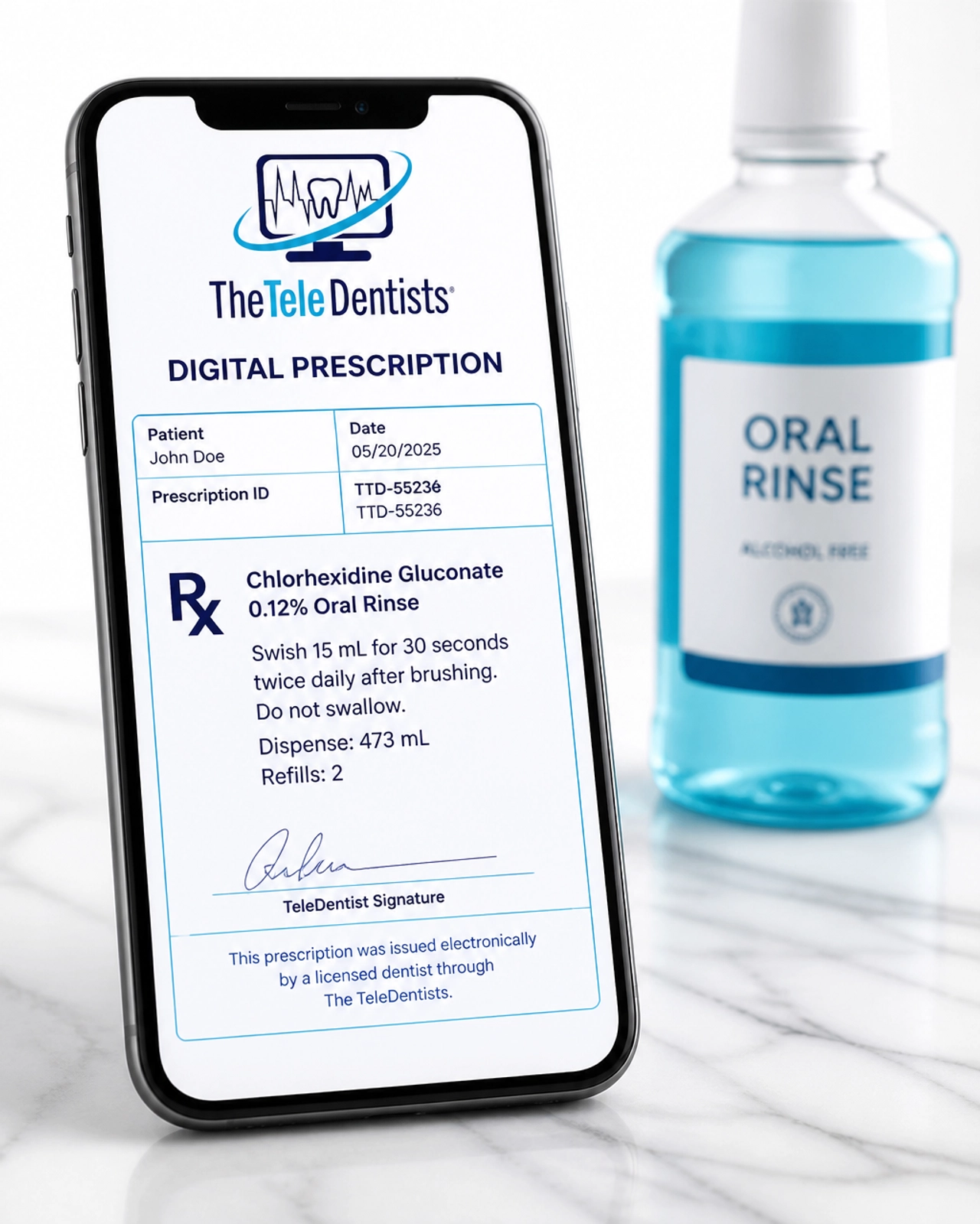 A modern smartphone displaying a digital dental prescription