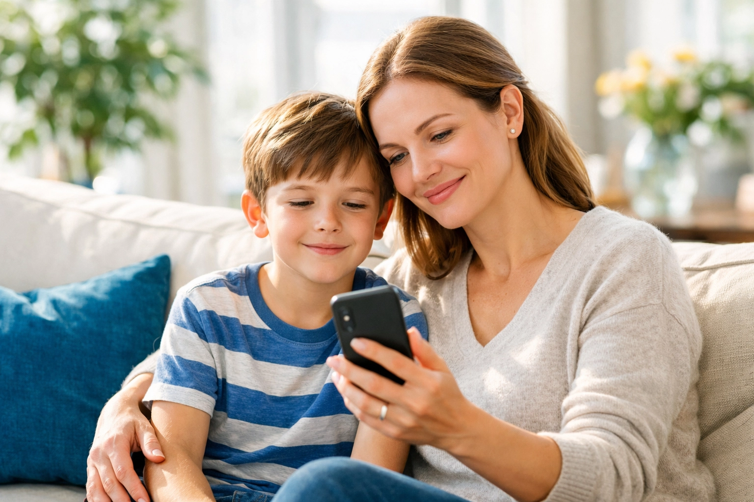 A mother and son look at a smartphone for an affordable $64 online dental appointment with The TeleDentists.