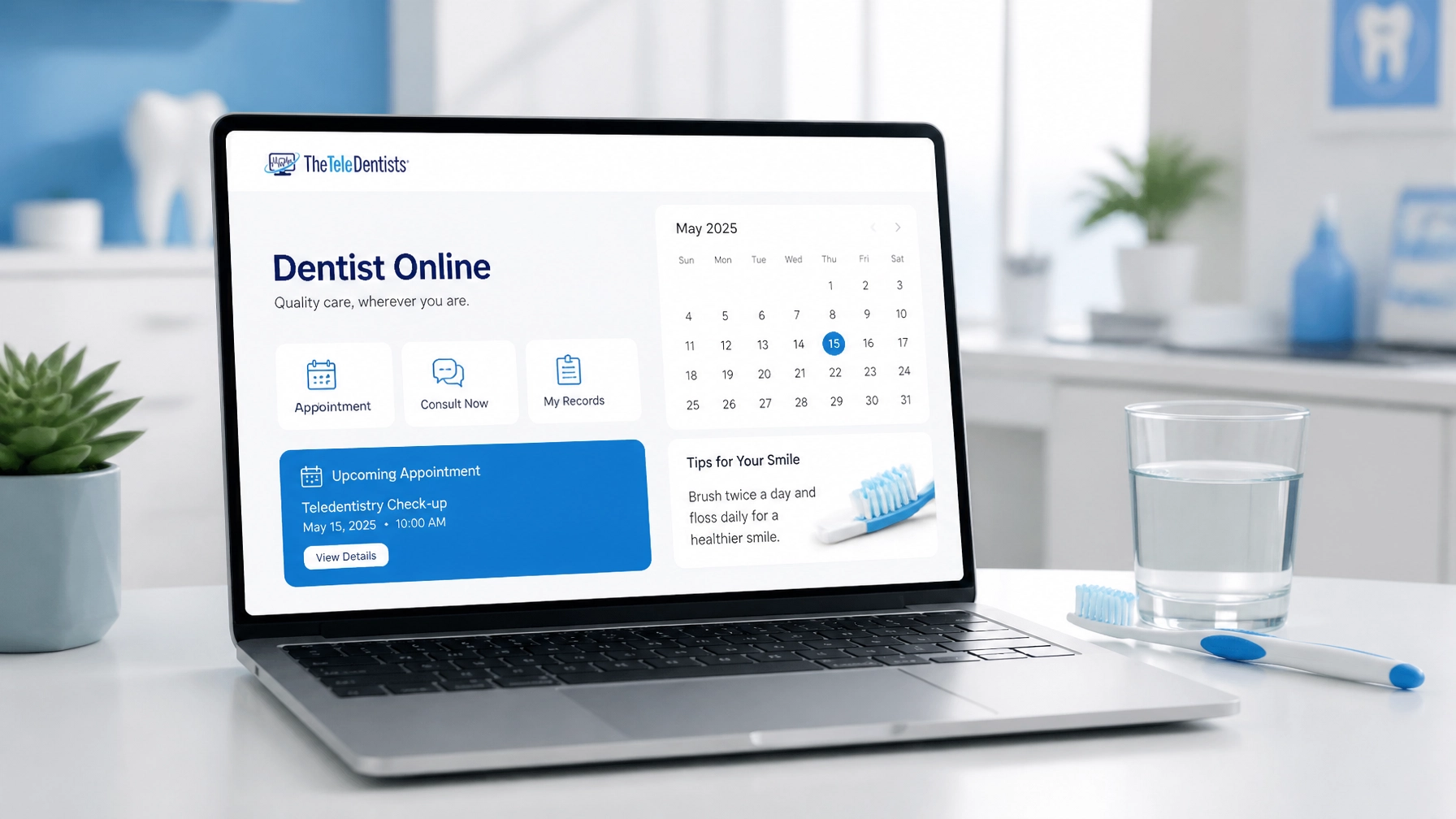 Modern minimalist dental dashboard on a laptop with a toothbrush