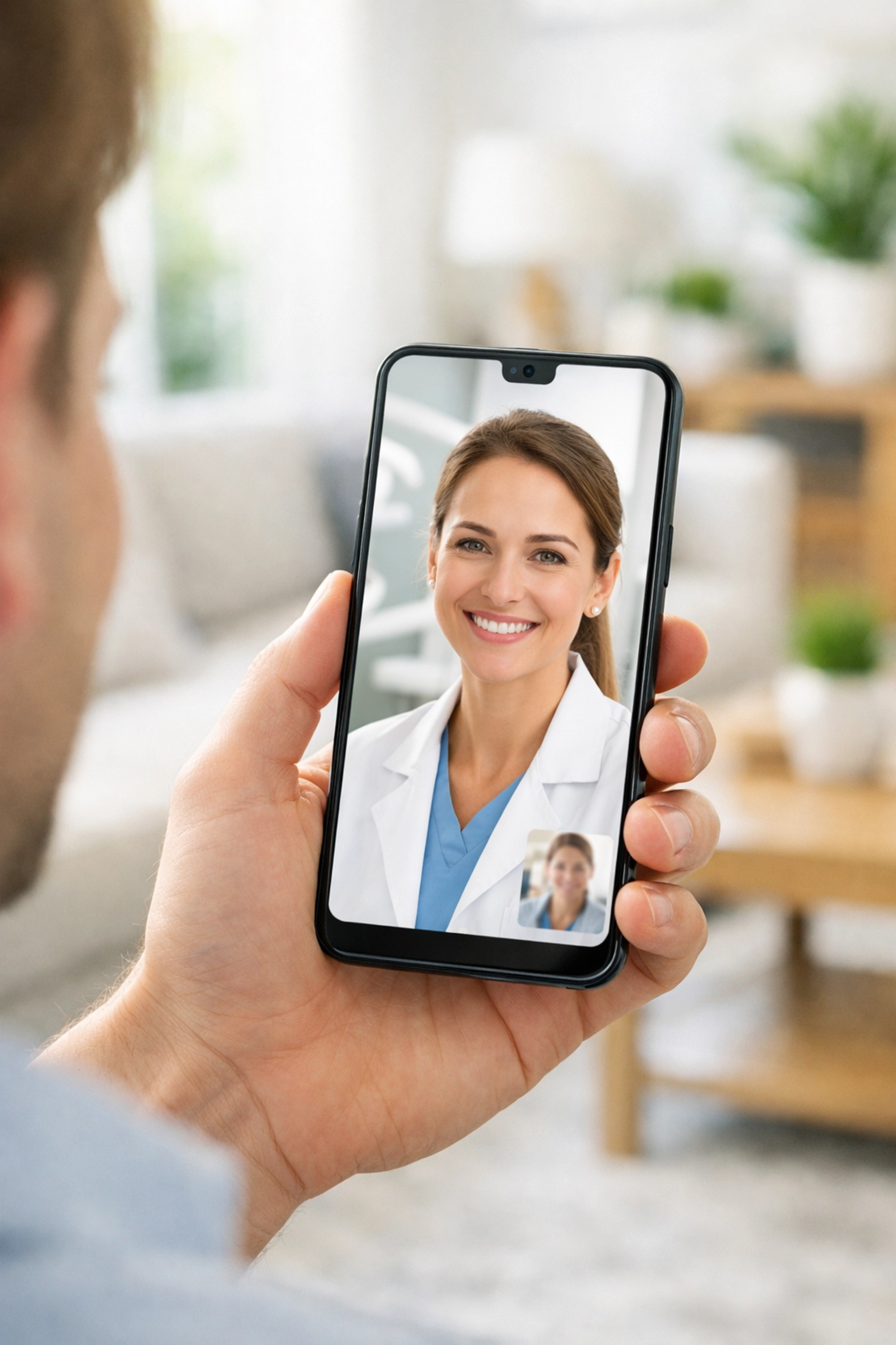 Virtual dental consultation on a smartphone showing an online dentist for toothache help from home.